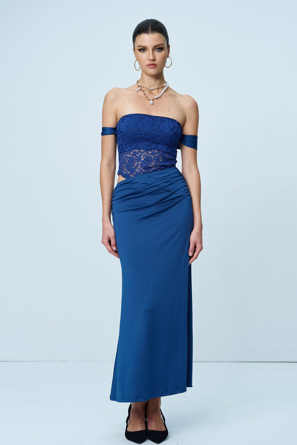 Aniol Strapless Lace Ruch Maxi Dress