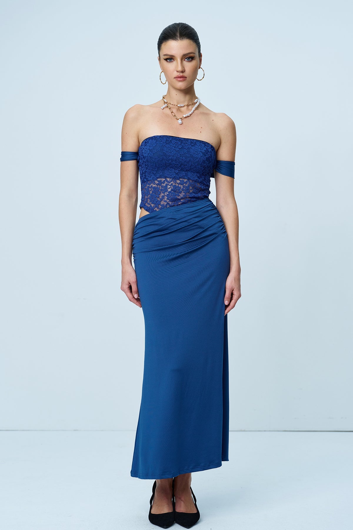 Aniol Strapless Lace Ruch Maxi Dress