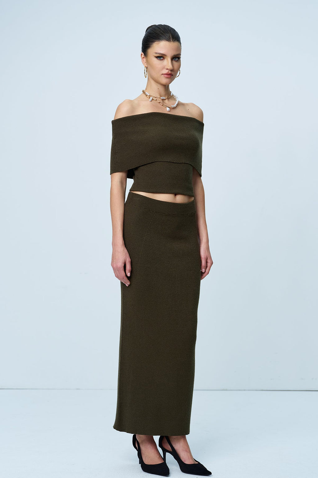 Aniston Strapless Ruch Split Knit Skirt Set In Green