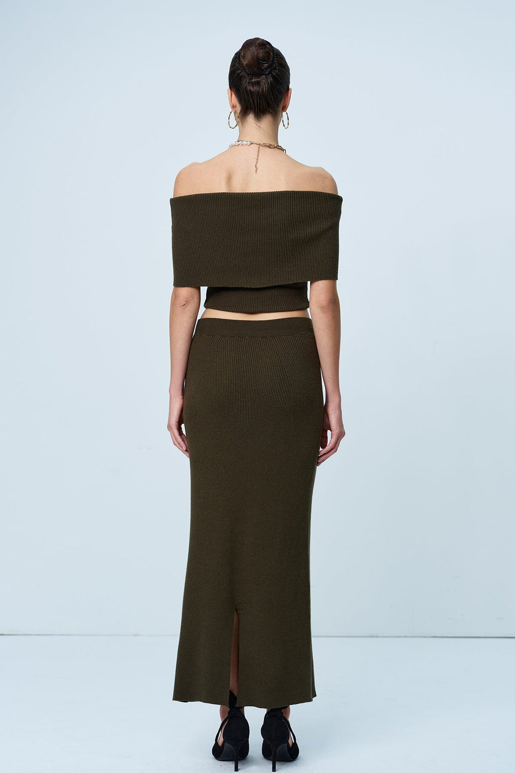 Aniston Strapless Ruch Split Knit Skirt Set In Green