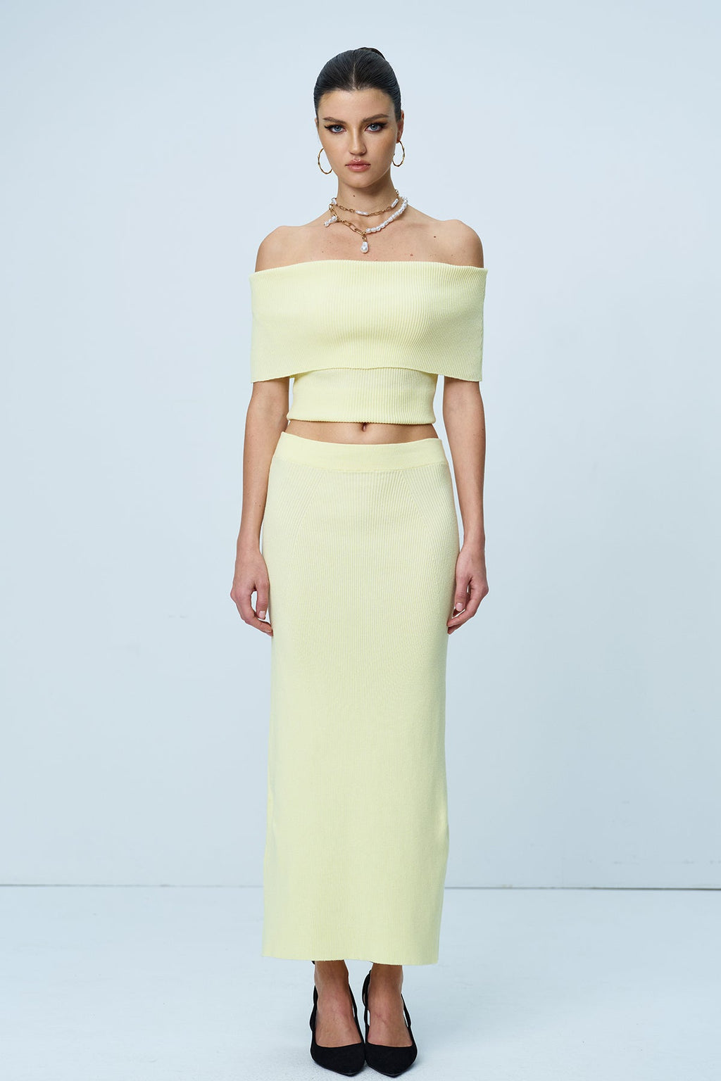 Aniston Strapless Ruch Split Knit Skirt Set In Yellow