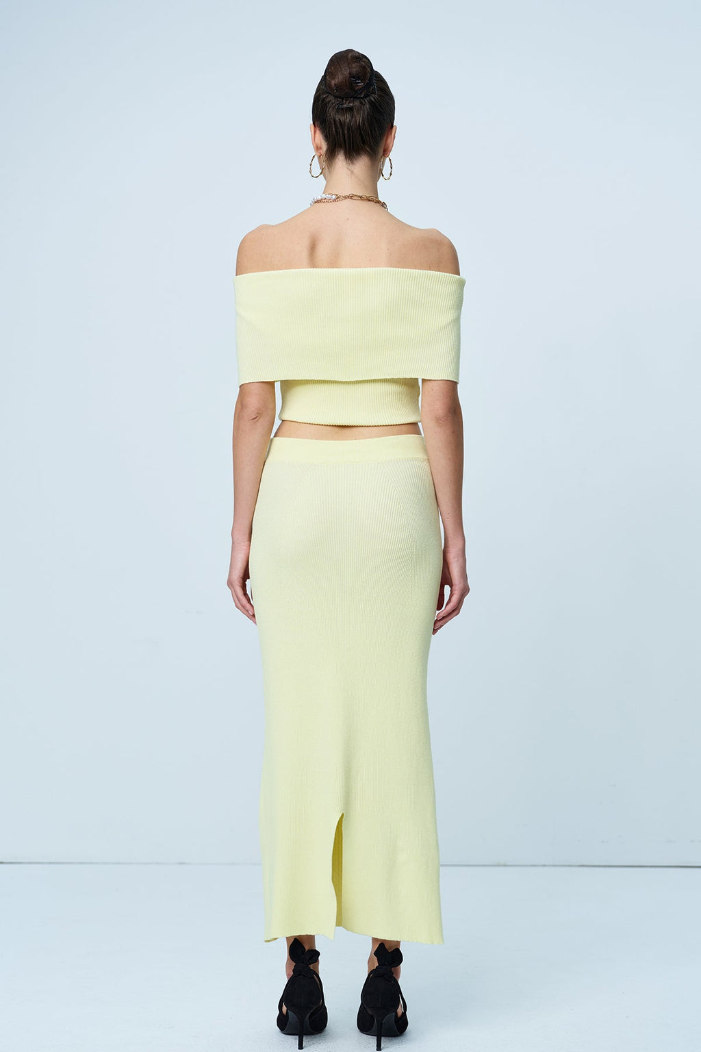 Aniston Strapless Ruch Split Knit Skirt Set In Yellow