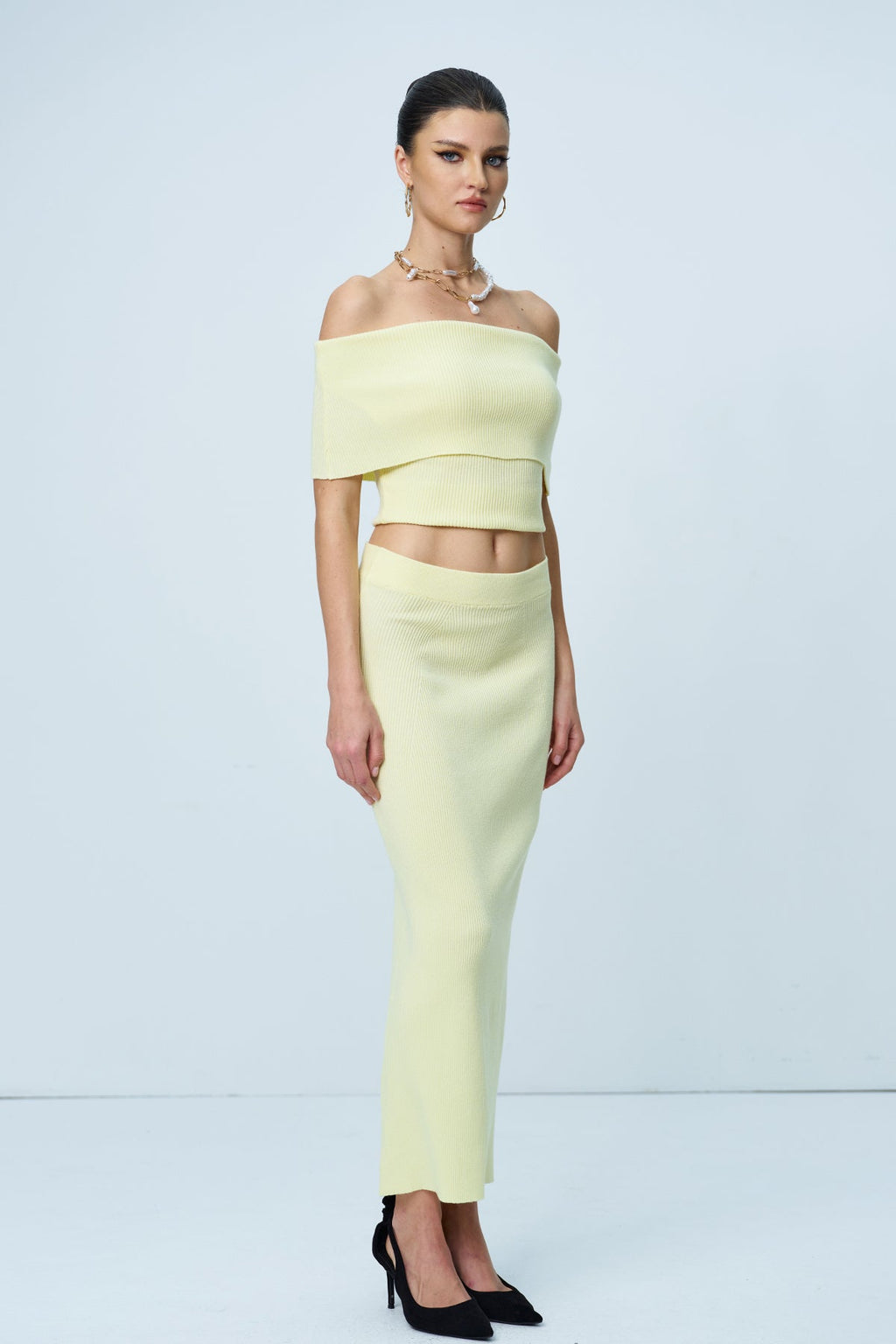 Aniston Strapless Ruch Split Knit Skirt Set In Yellow