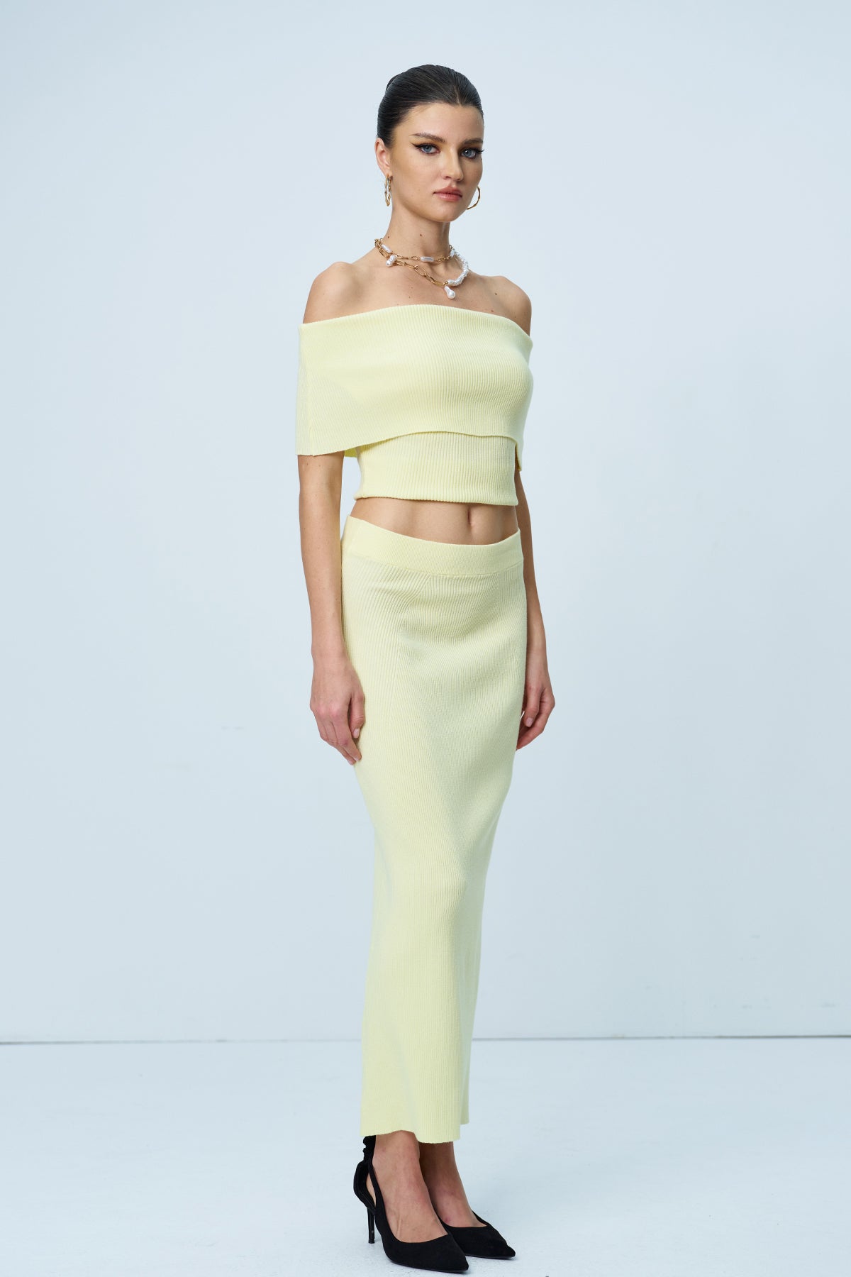 Aniston Strapless Ruch Split Knit Skirt Set In Yellow