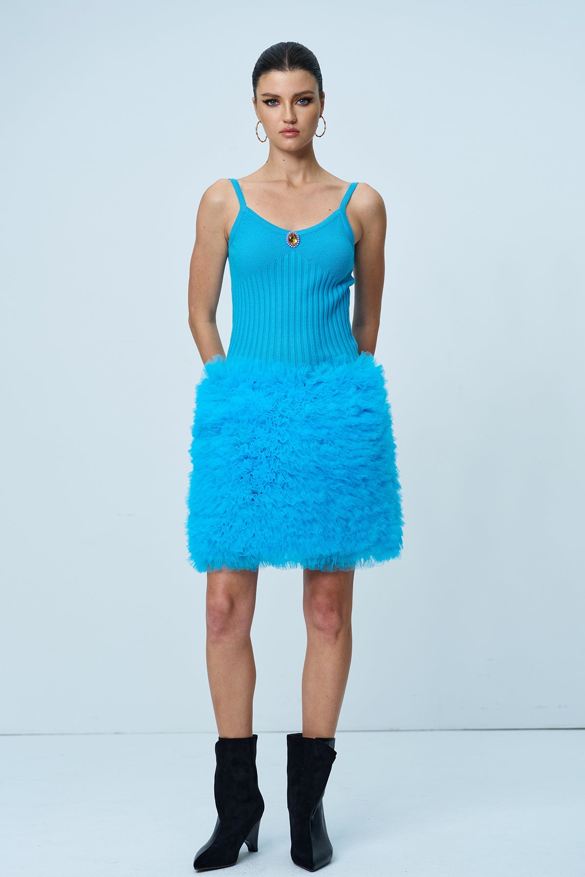 Anita Mesh Ruch Spaghetti Knit Mini Dress