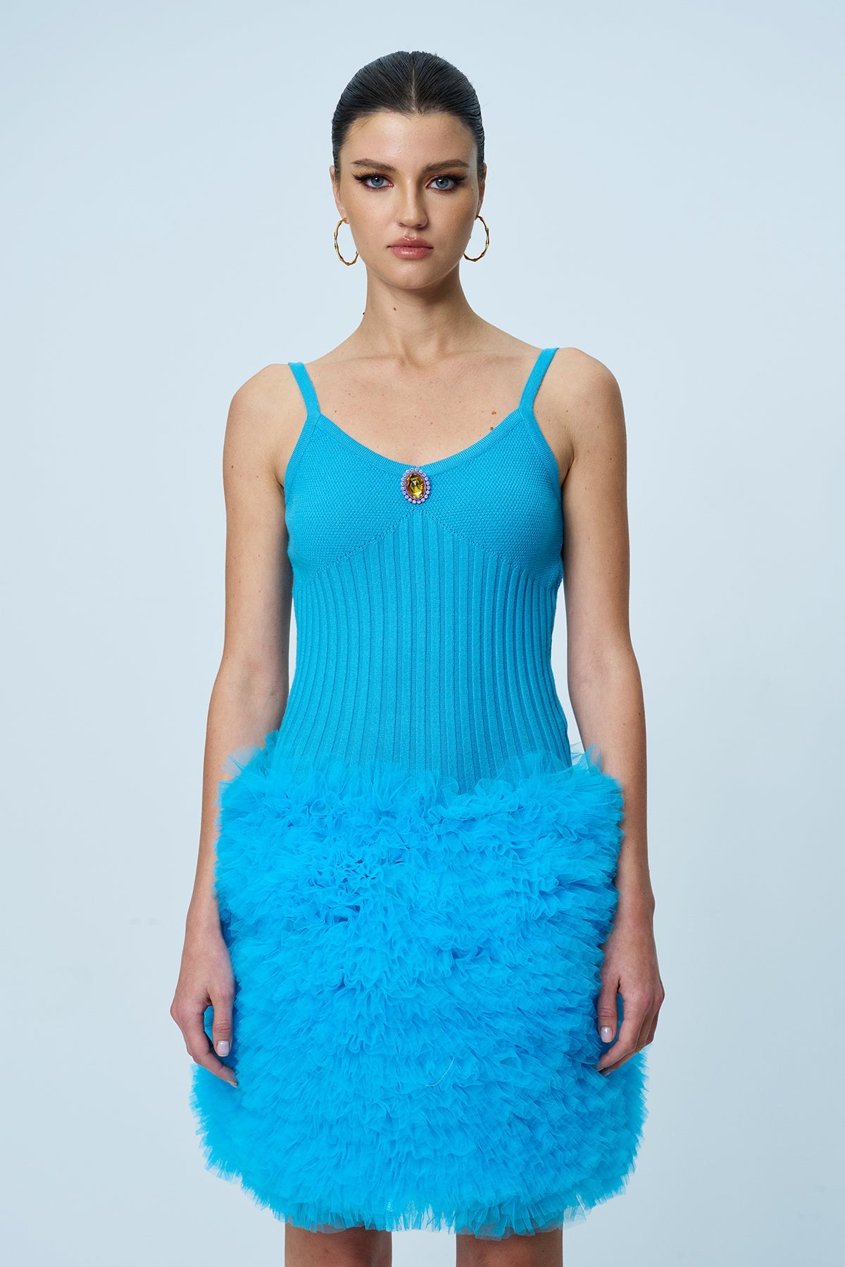 Anita Mesh Ruch Spaghetti Knit Mini Dress