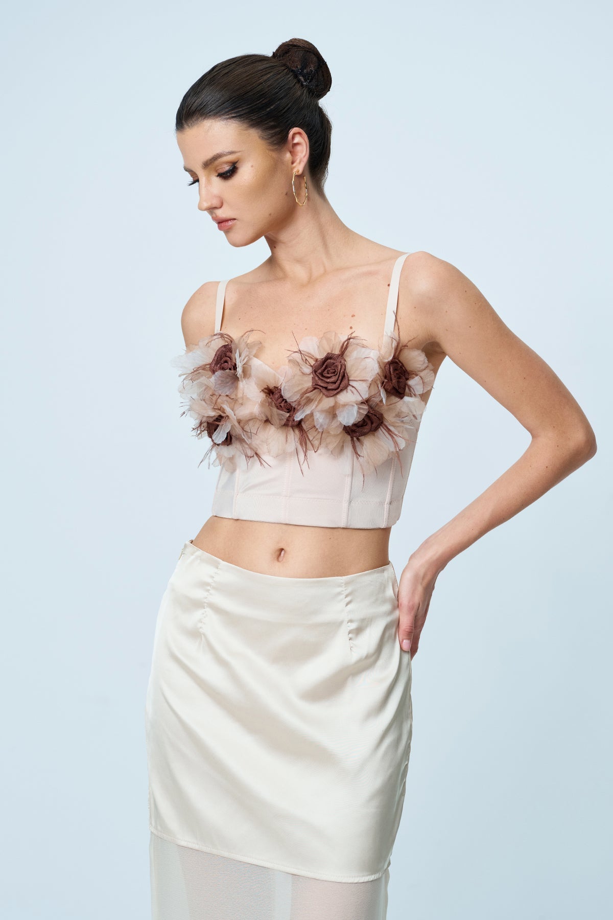 Anjali Flower Corset Spaghetti Top In Apricot