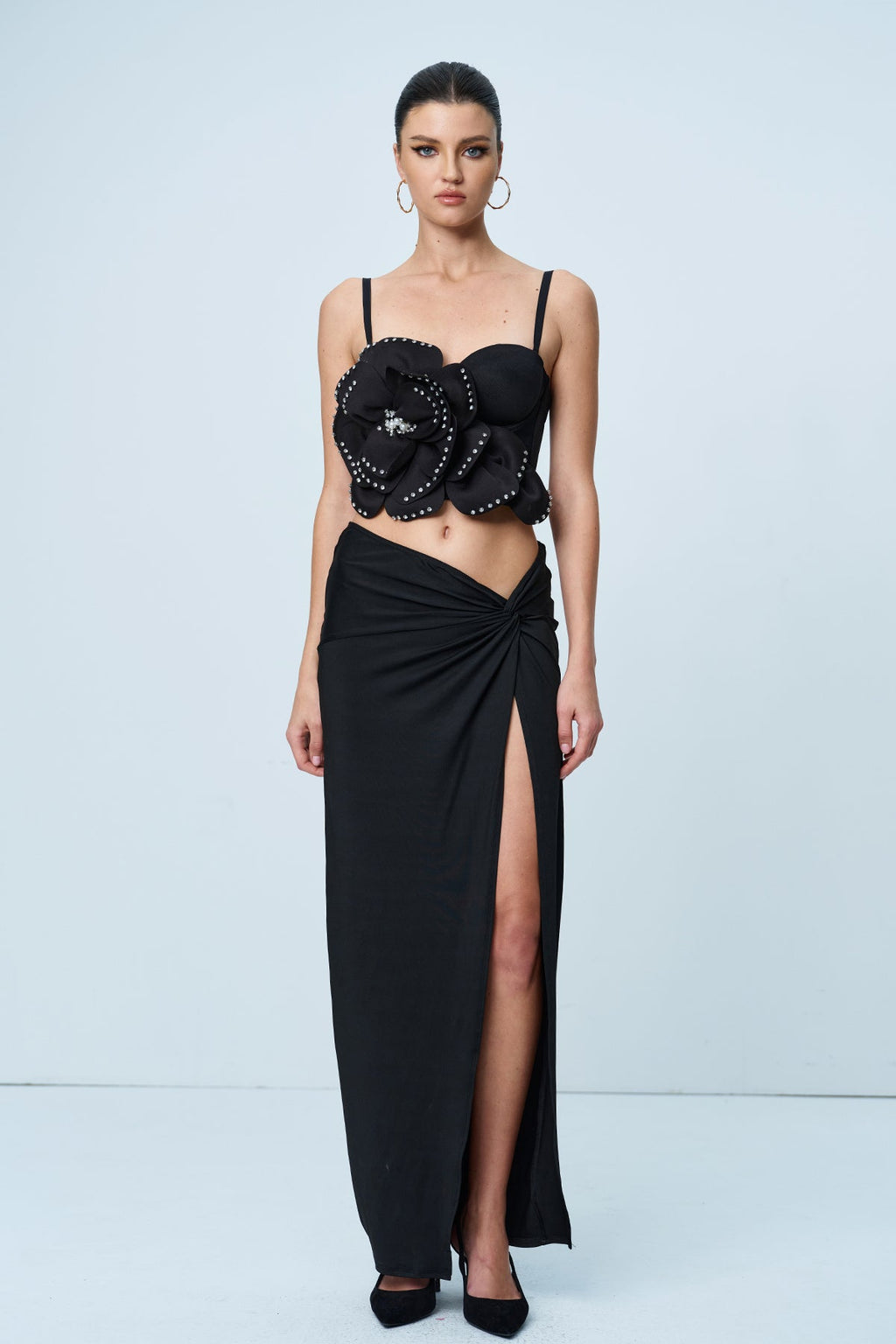 Anjanette Flower Spaghetti Rhinestone Top In Black