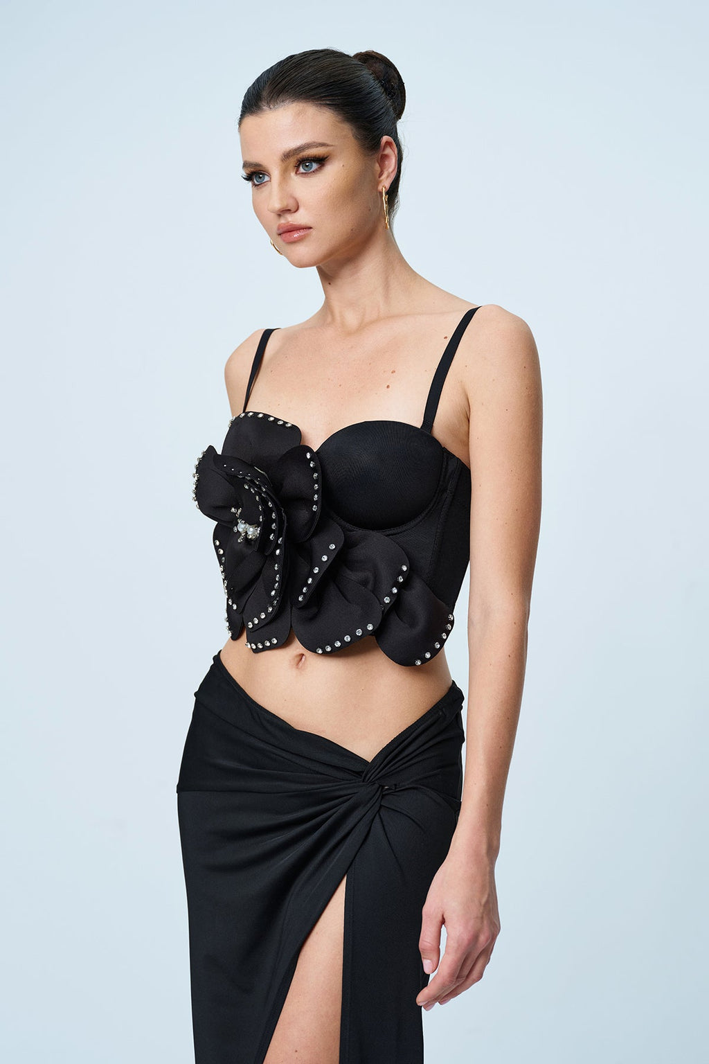 Anjanette Flower Spaghetti Rhinestone Top In Black