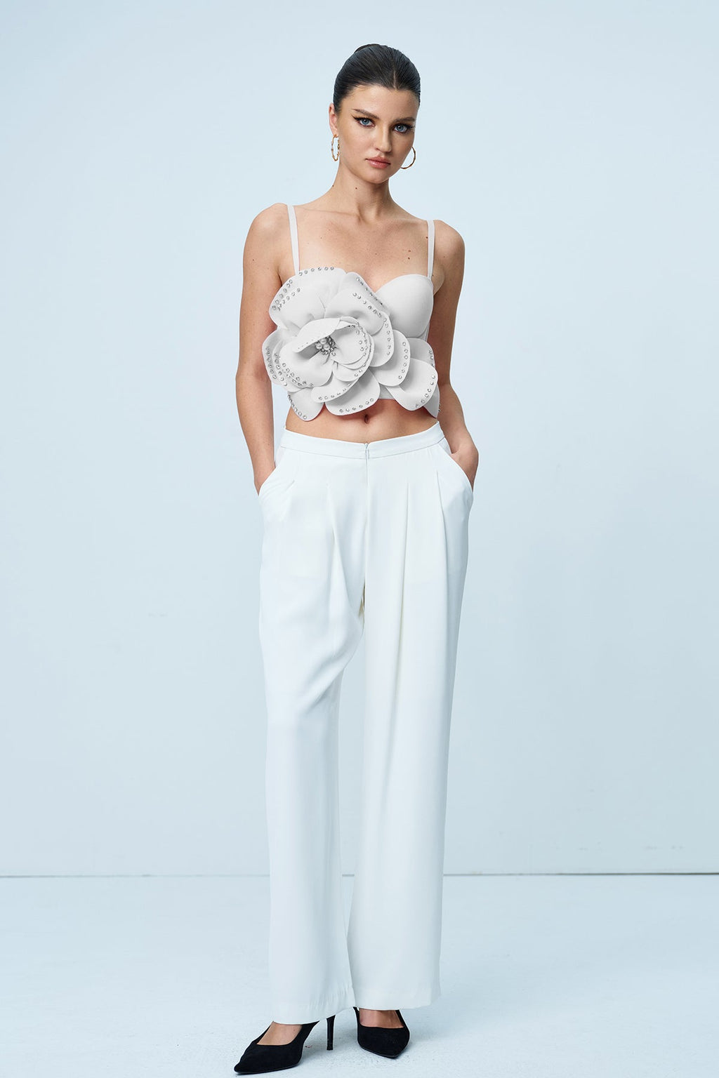 Anjanette Flower Spaghetti Rhinestone Top In White