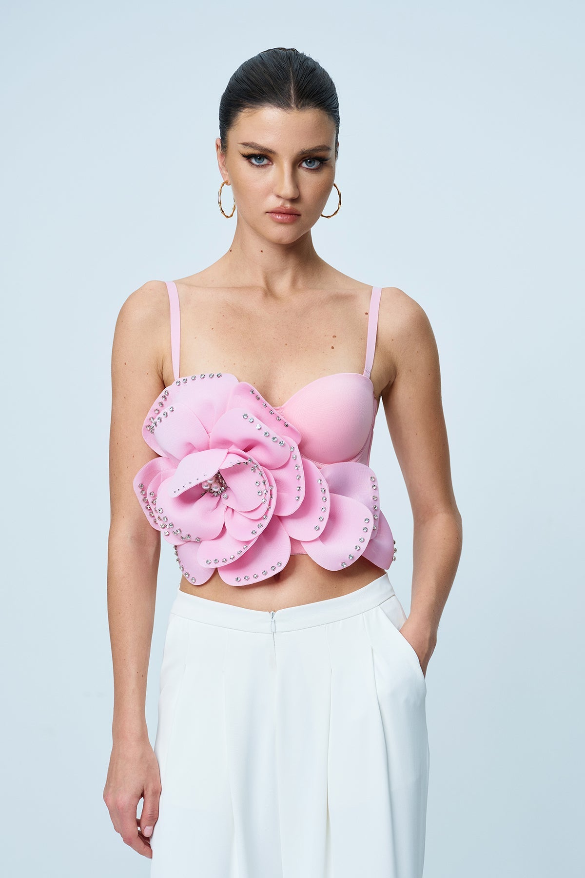 Anjanette Flower Spaghetti Rhinestone Top In Pink