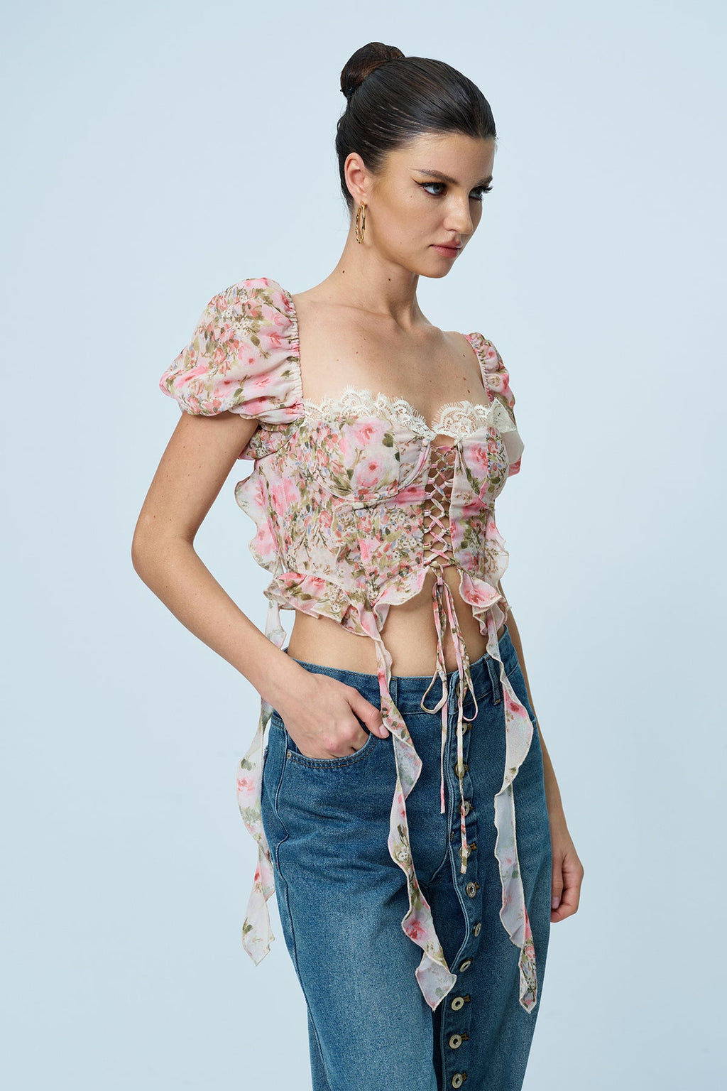 Anjea Balloon Sleeve Floral Lace Up Top