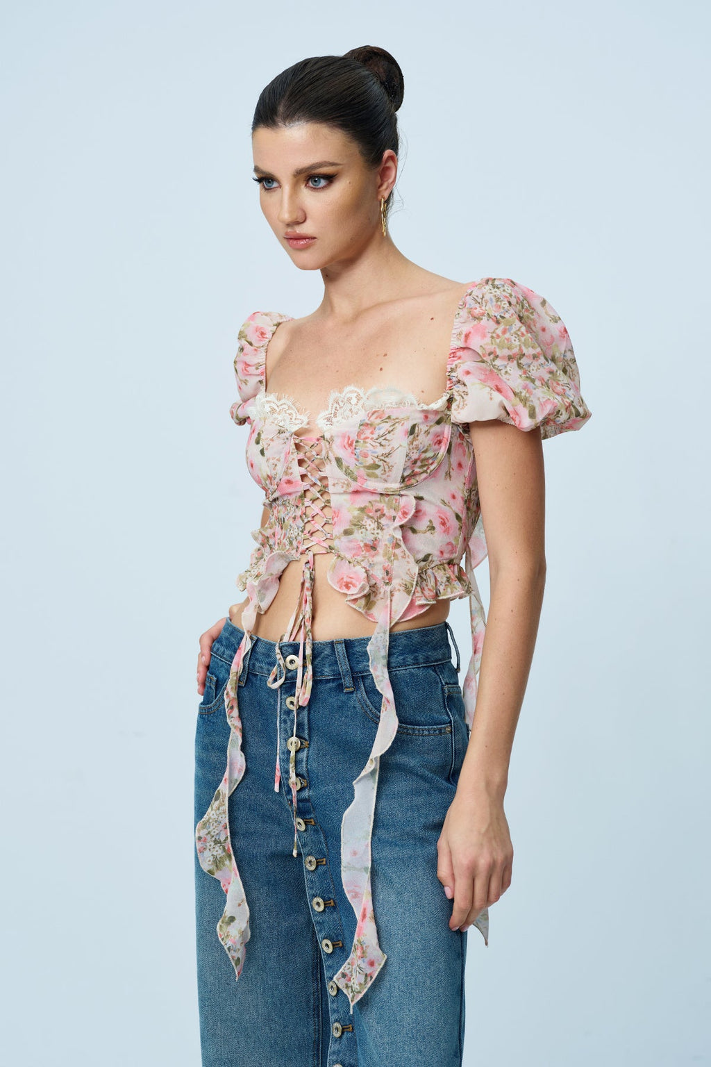 Anjea Balloon Sleeve Floral Lace Up Top