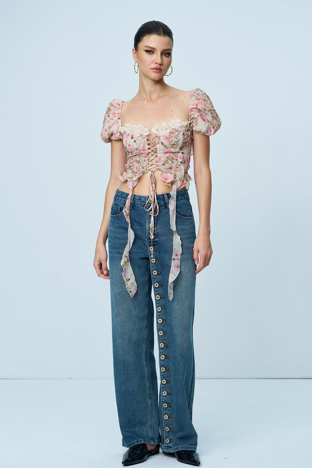 Anjea Balloon Sleeve Floral Lace Up Top