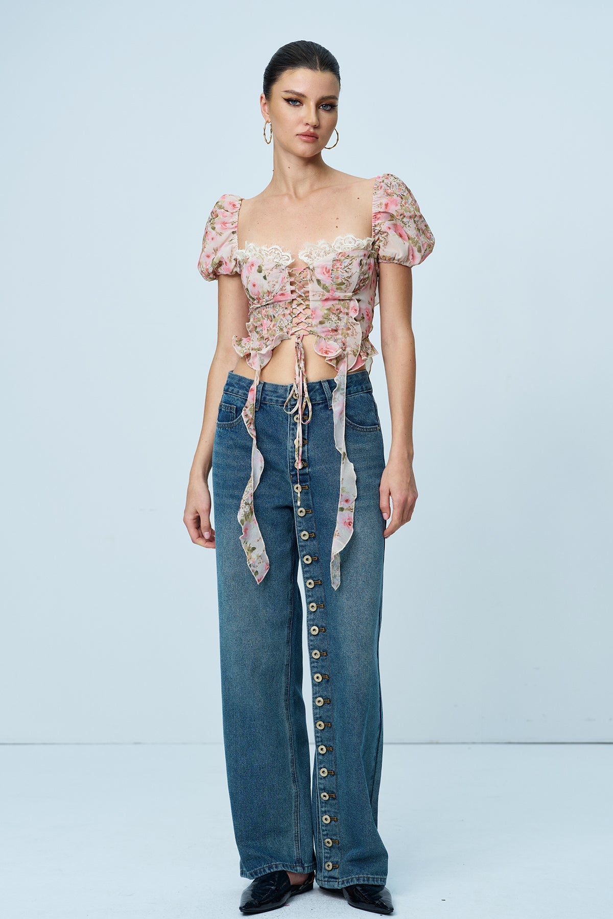 Anjea Balloon Sleeve Floral Lace Up Top