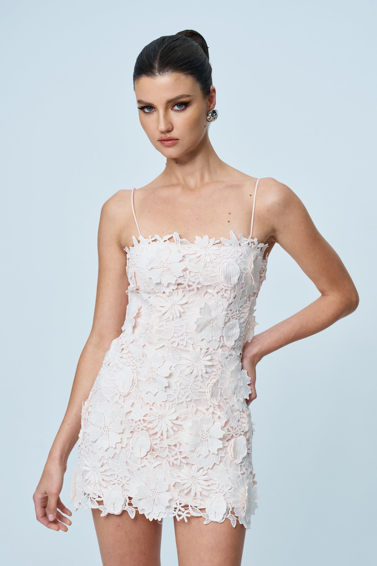 Ankan Spaghetti Flower Mini Dress In Pale Pink