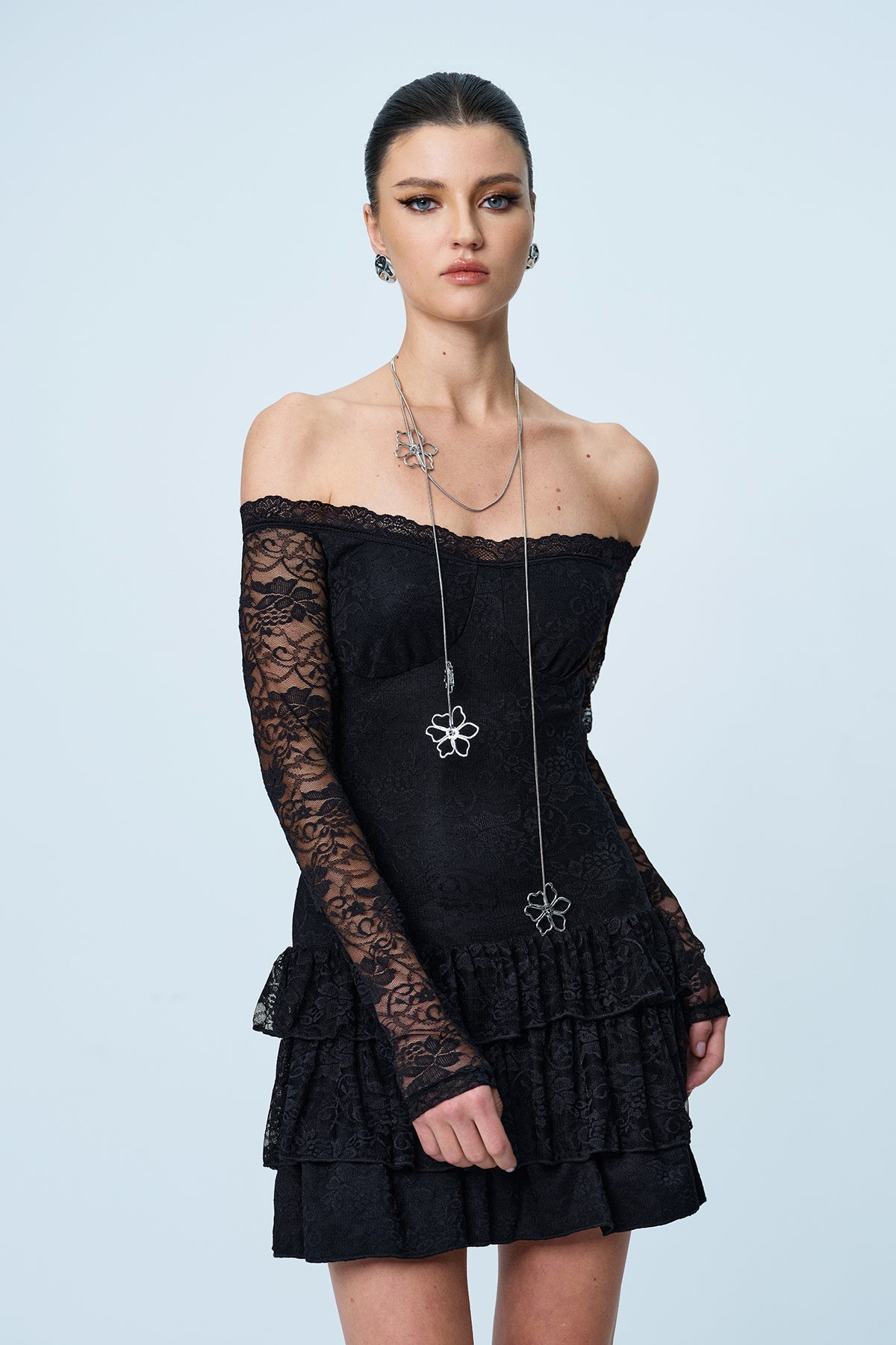 Ankti Lace Off Shoulder Ruffle Mini Dress