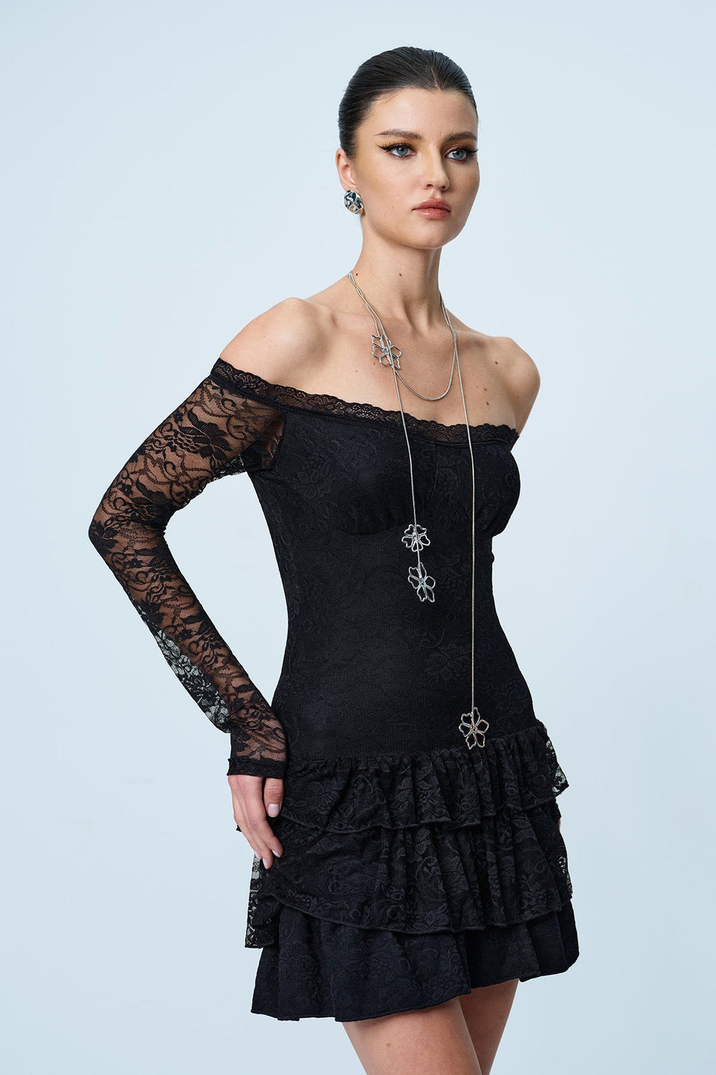 Ankti Lace Off Shoulder Ruffle Mini Dress