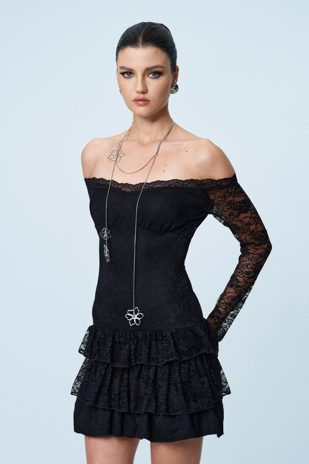 Ankti Lace Off Shoulder Ruffle Mini Dress