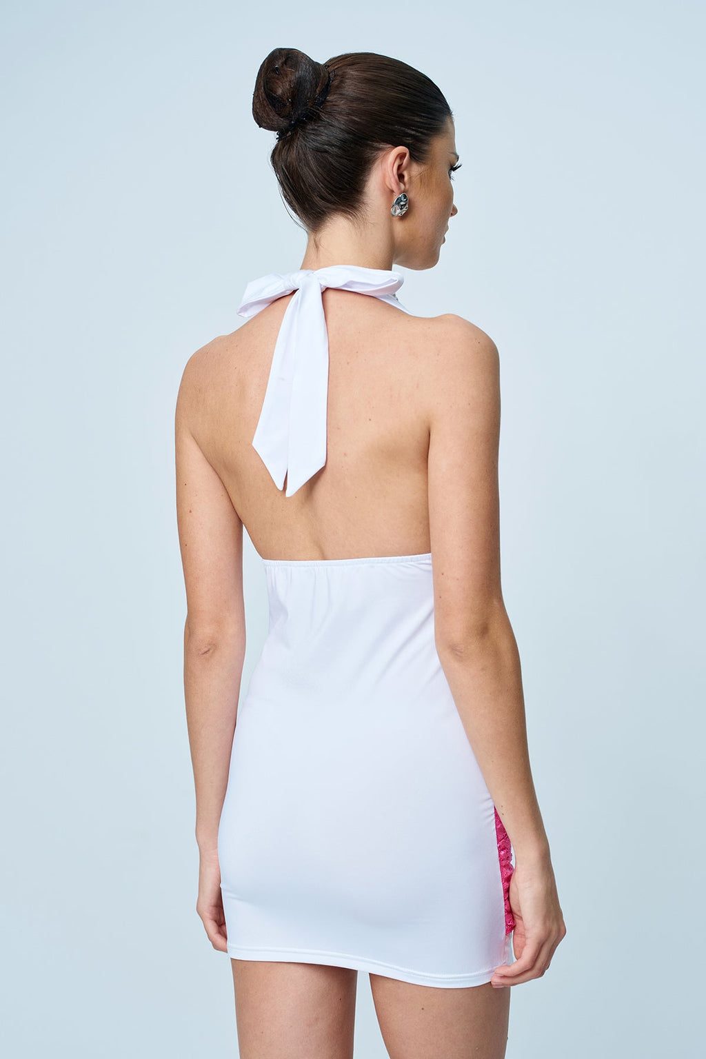 Annabella Halter Neck Plunge Backless Ruch Mini Dress