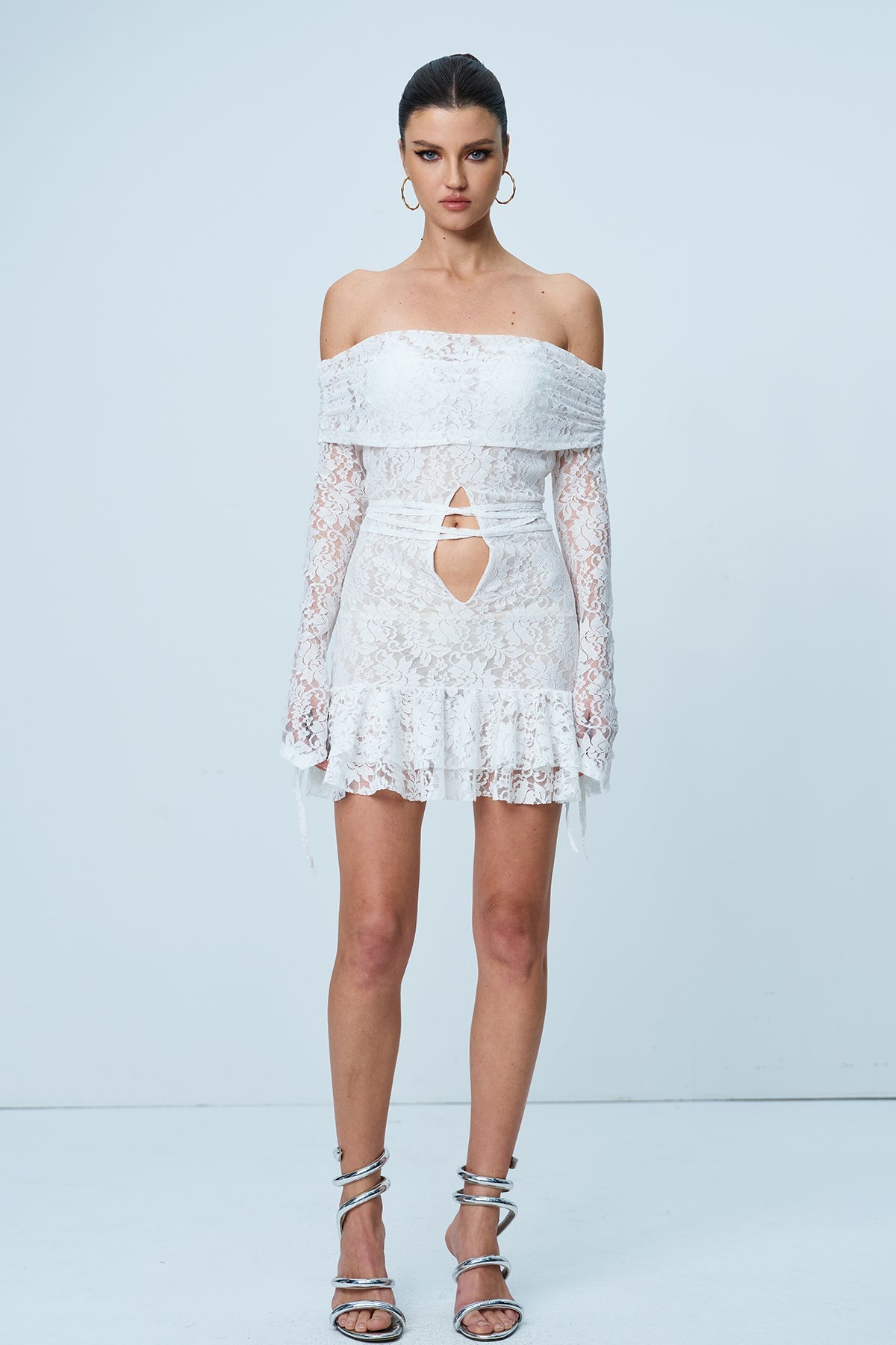 Annabelle Lace Ruffle Lace Up Cutout Mini Dress