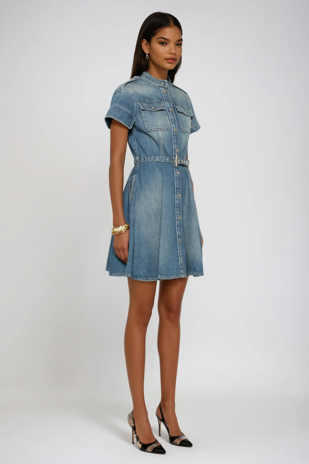 Anneka Ruffle Short Sleeves Denim Mini Dress