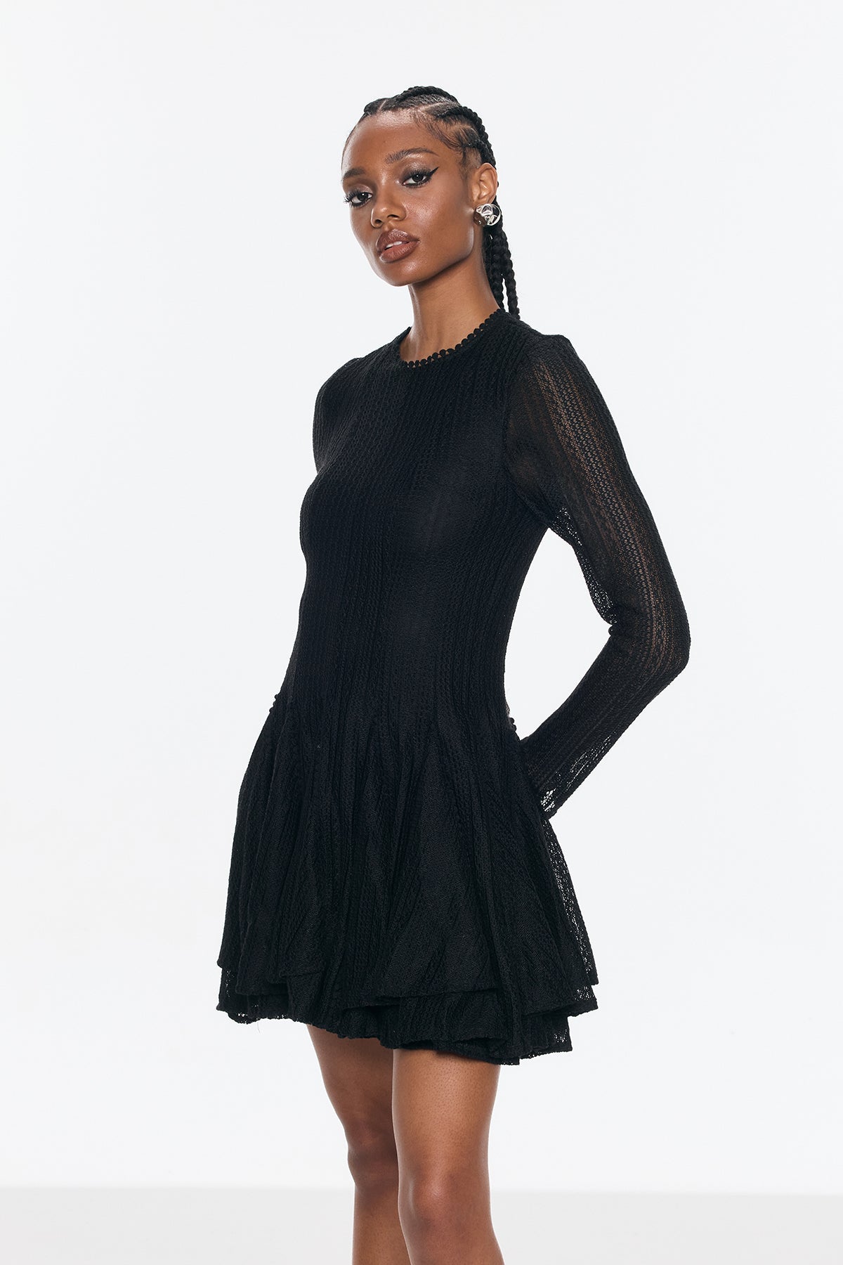 Annelise Long Sleeve Cutout Ruffle Mini Dress In Black
