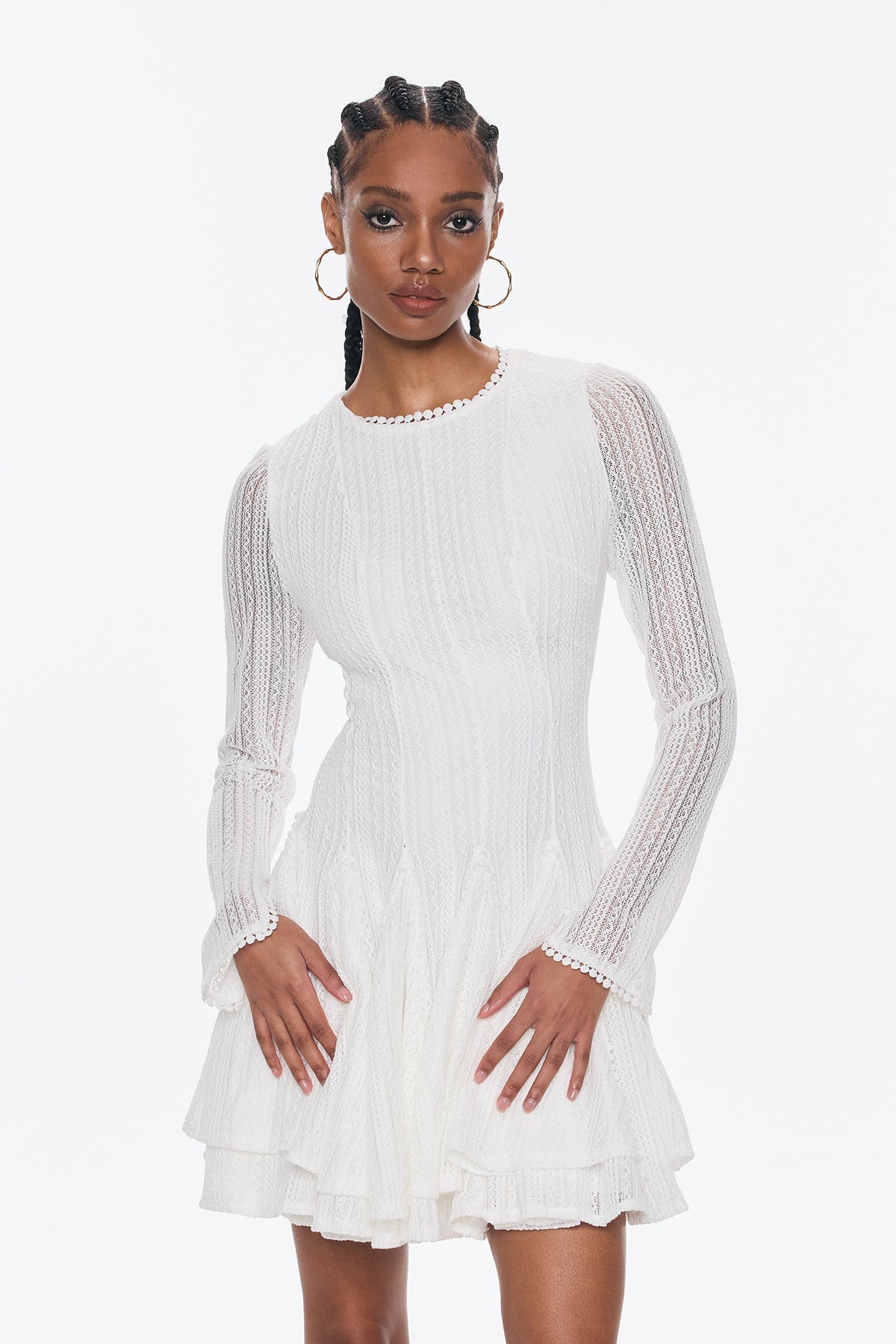 Annelise Long Sleeve Cutout Ruffle Mini Dress In White