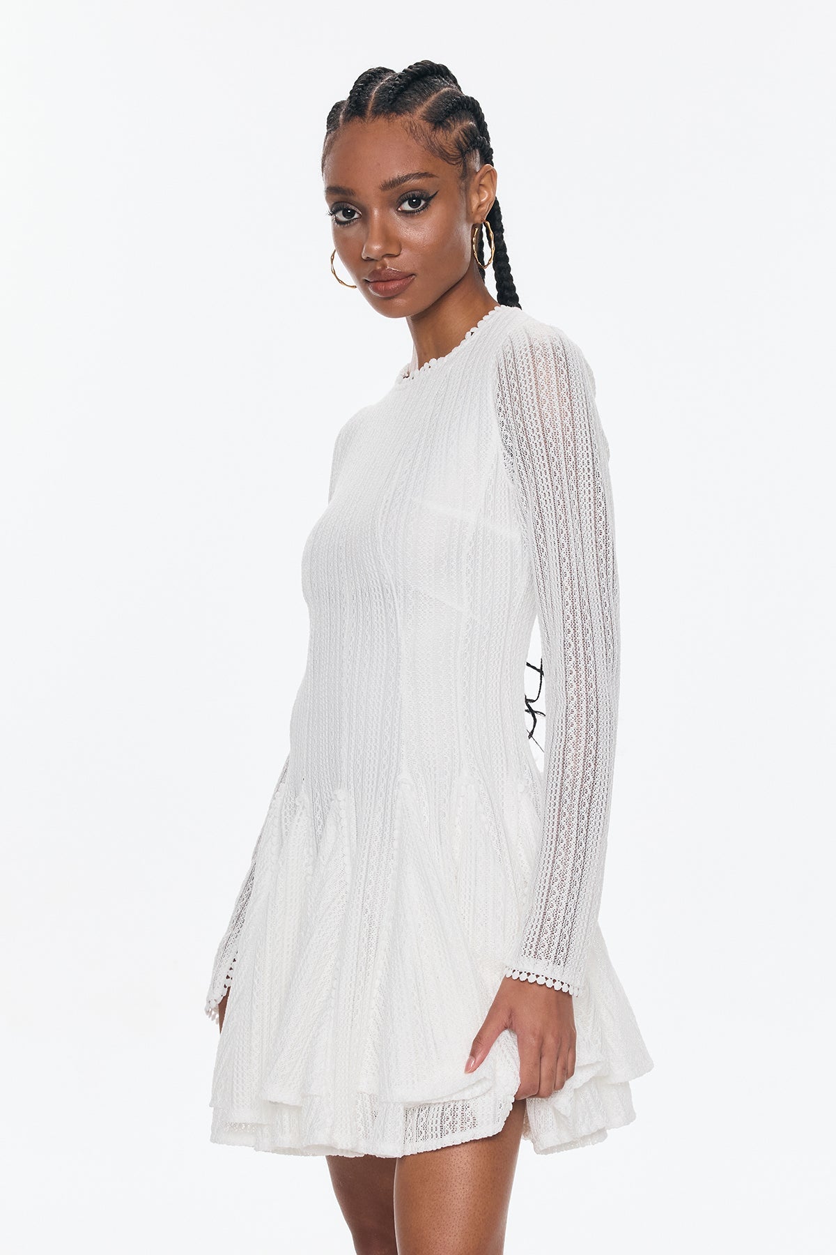 Annelise Long Sleeve Cutout Ruffle Mini Dress In White