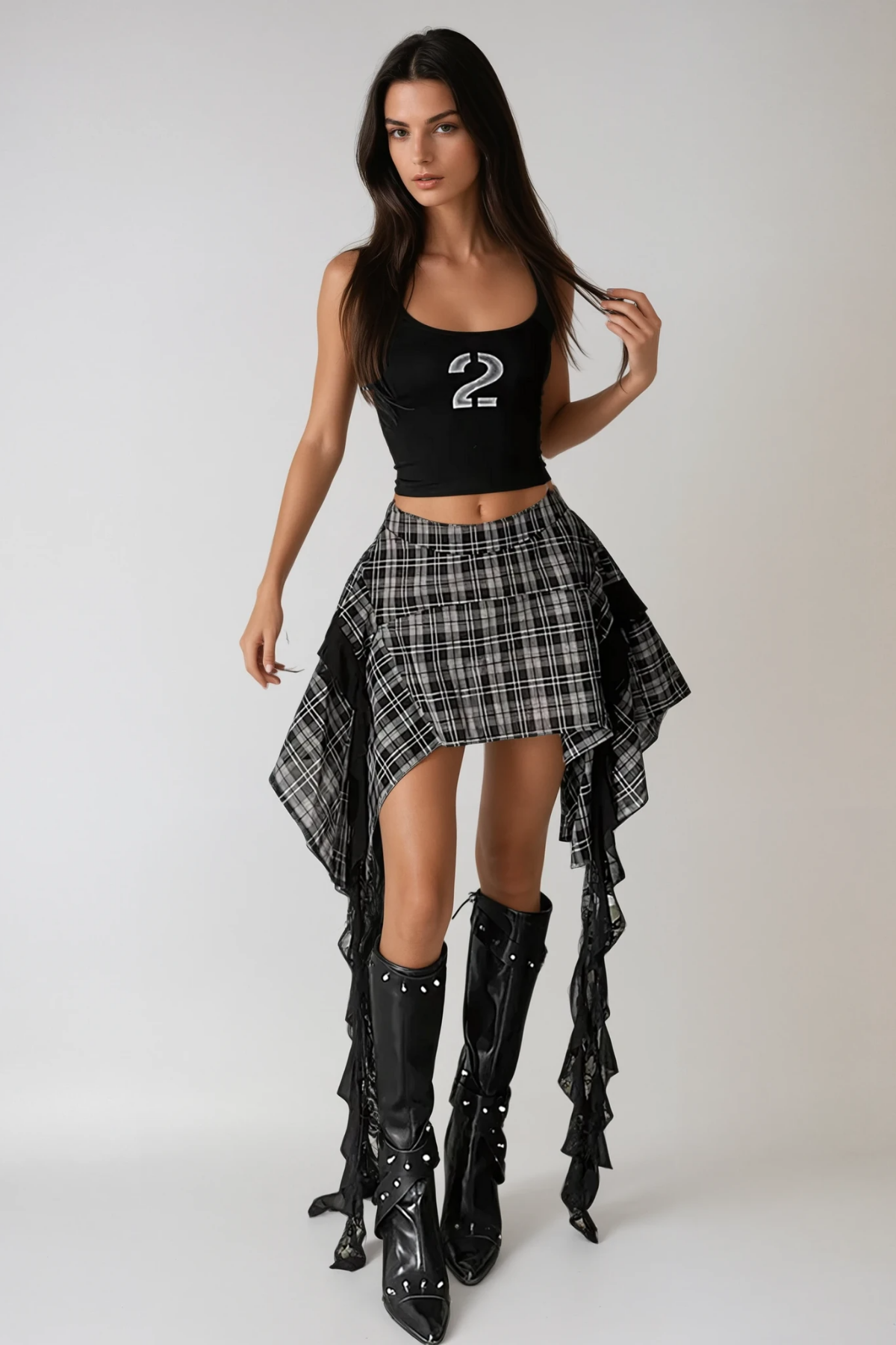 Annot Grid Asymmetric Fringe Skirt
