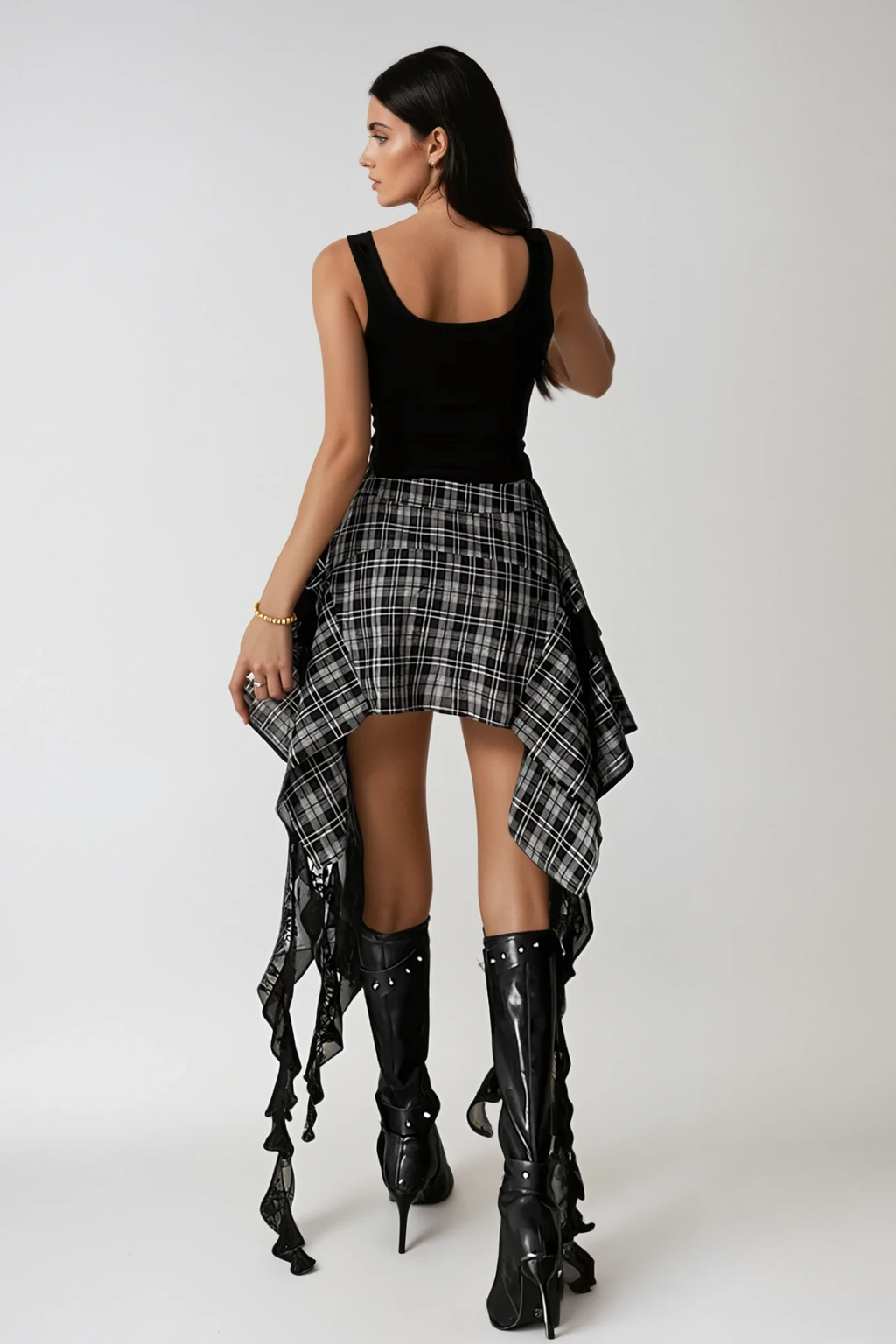 Annot Grid Asymmetric Fringe Skirt