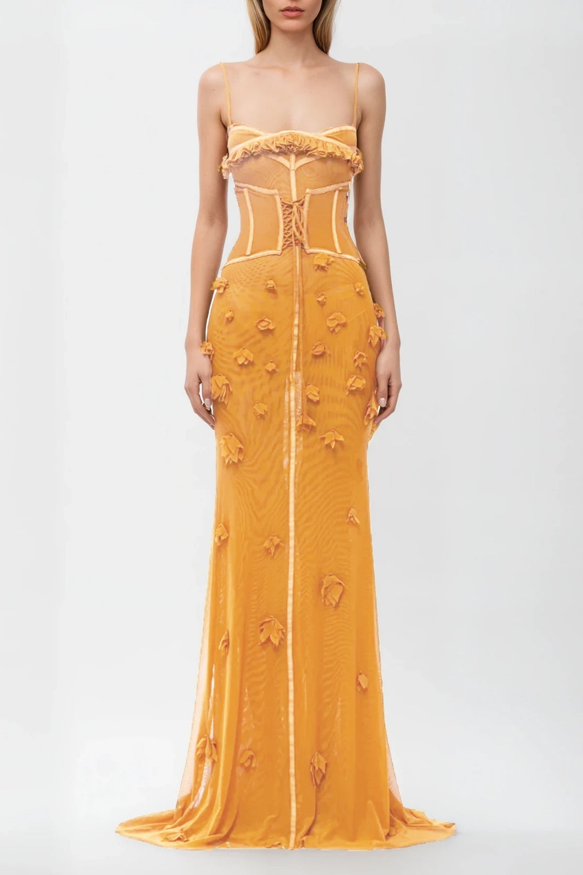 Anoush Flower Spaghetti Lace Up Maxi Dress
