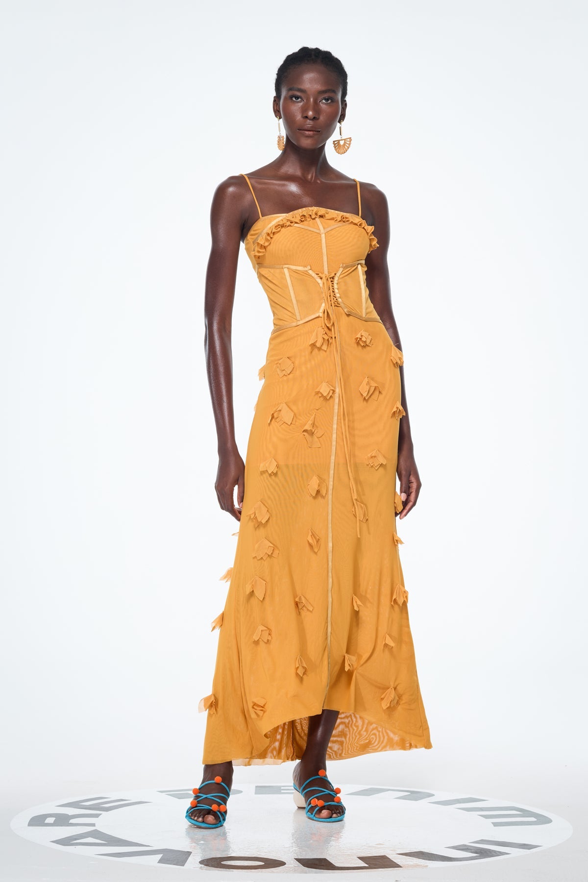 Anoush Flower Spaghetti Lace Up Maxi Dress