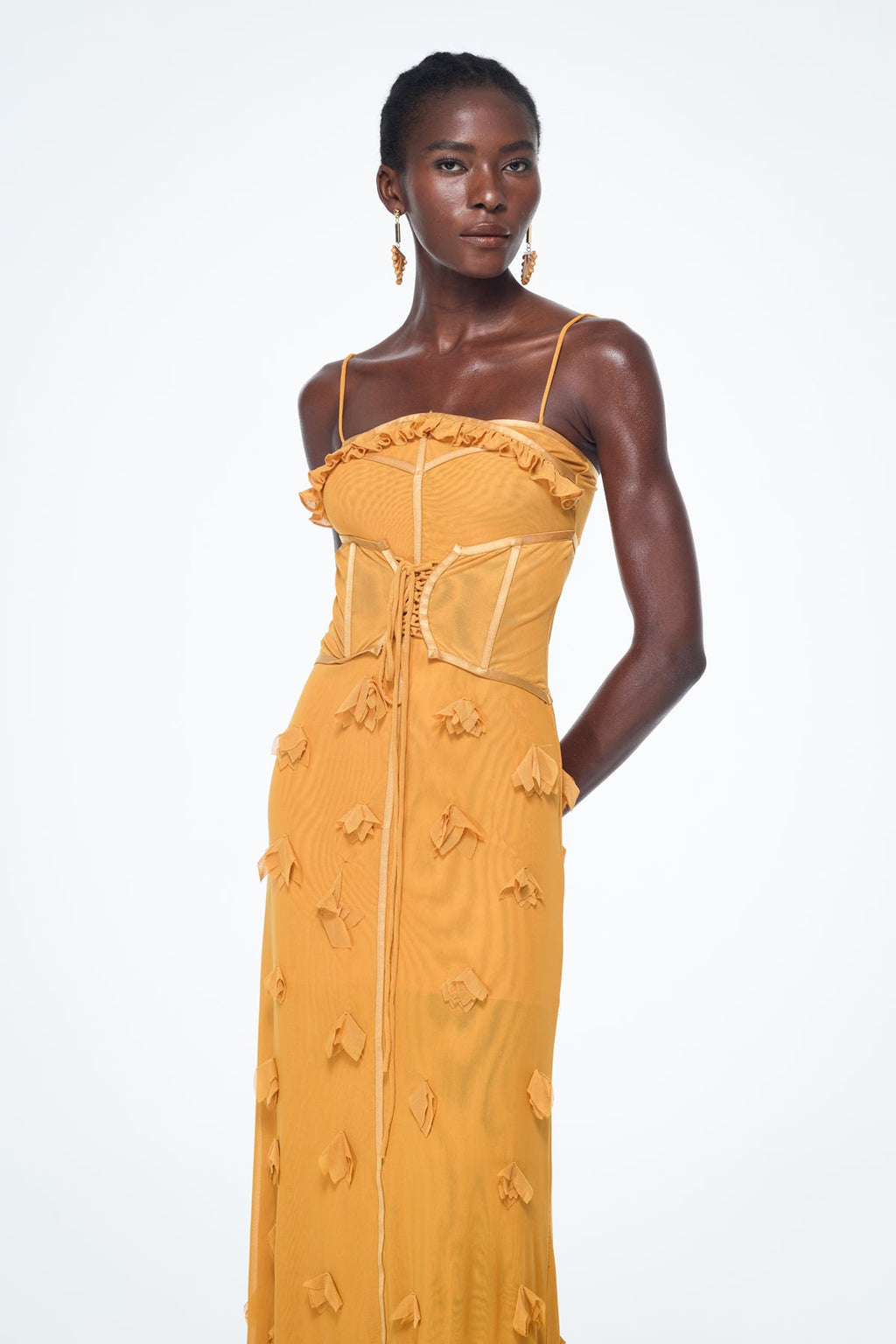 Anoush Flower Spaghetti Lace Up Maxi Dress