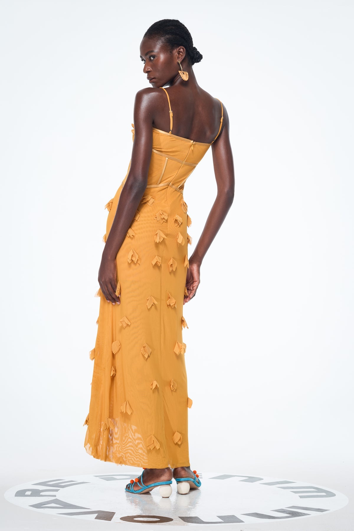 Anoush Flower Spaghetti Lace Up Maxi Dress