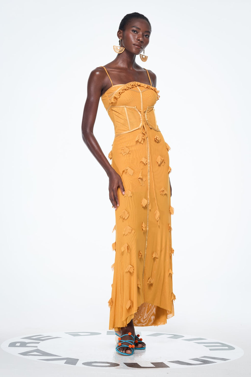 Anoush Flower Spaghetti Lace Up Maxi Dress