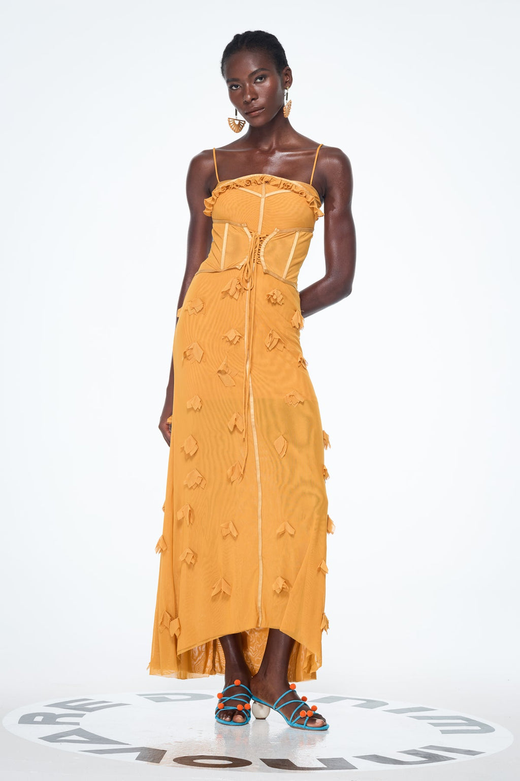 Anoush Flower Spaghetti Lace Up Maxi Dress