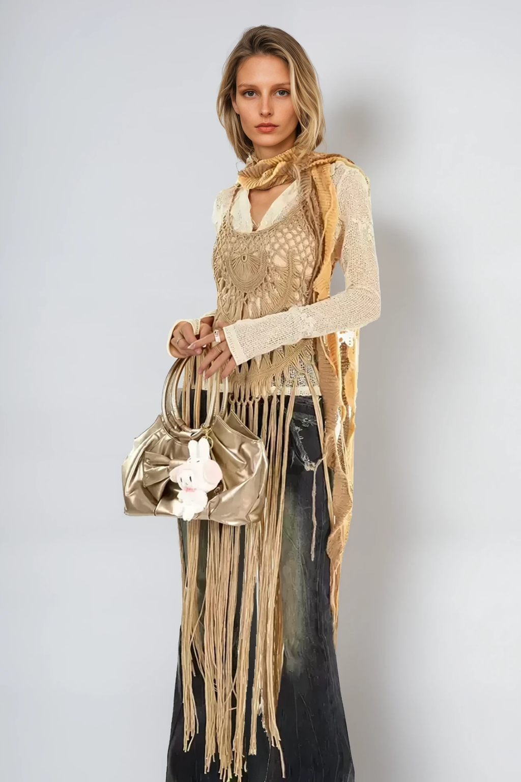 Anra¨ª Cutout Fringe Knit Top