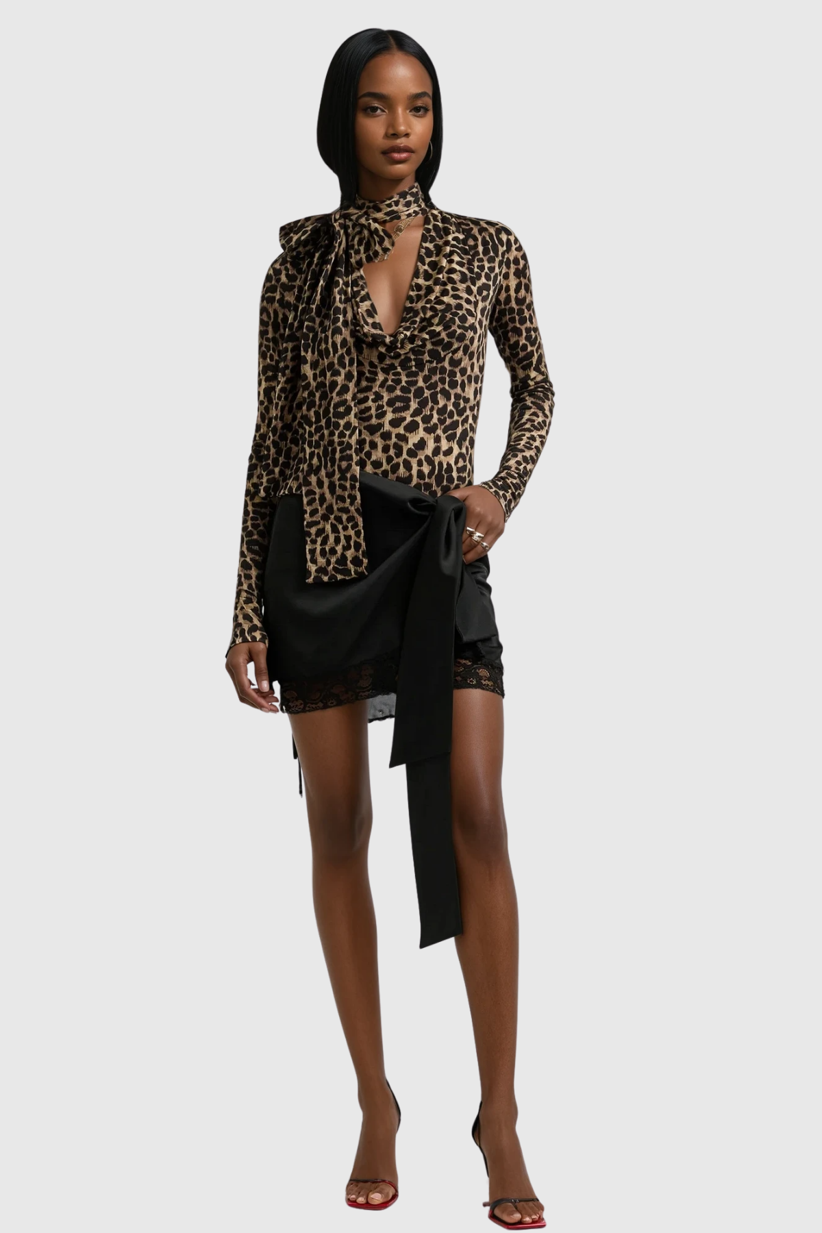 Ansel Lace Up Bow Satin Skirt In Black