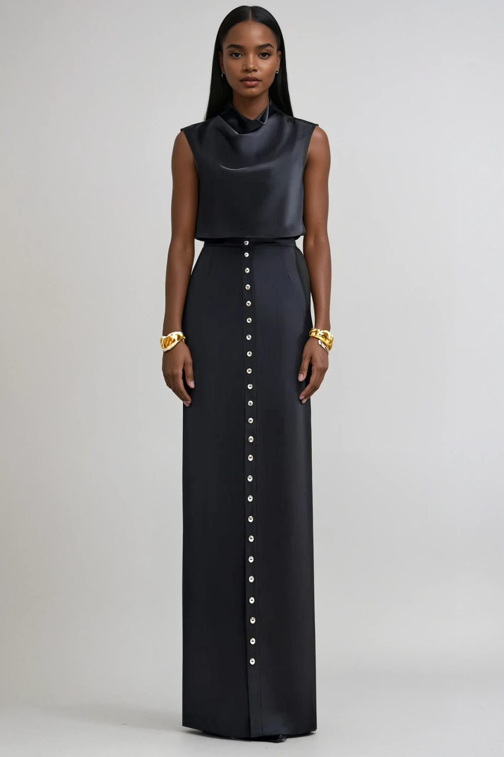 Anselm Button Sleeveless Skirt Set In Black