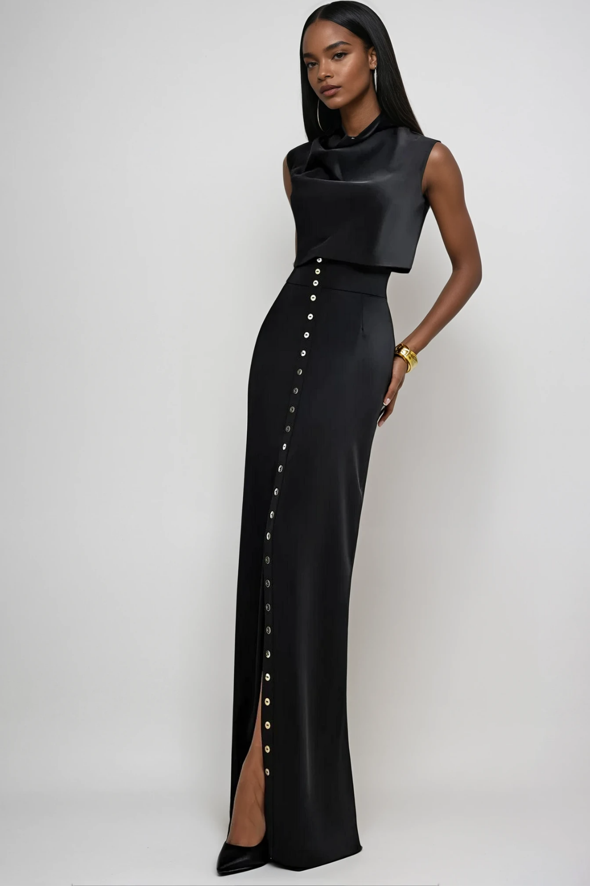 Anselm Button Sleeveless Skirt Set In Black