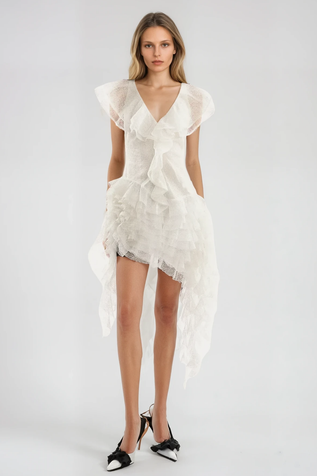 Anshu Ruffle Mesh Fringe Mini Dress