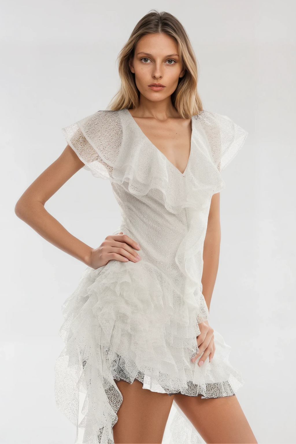 Anshu Ruffle Mesh Fringe Mini Dress