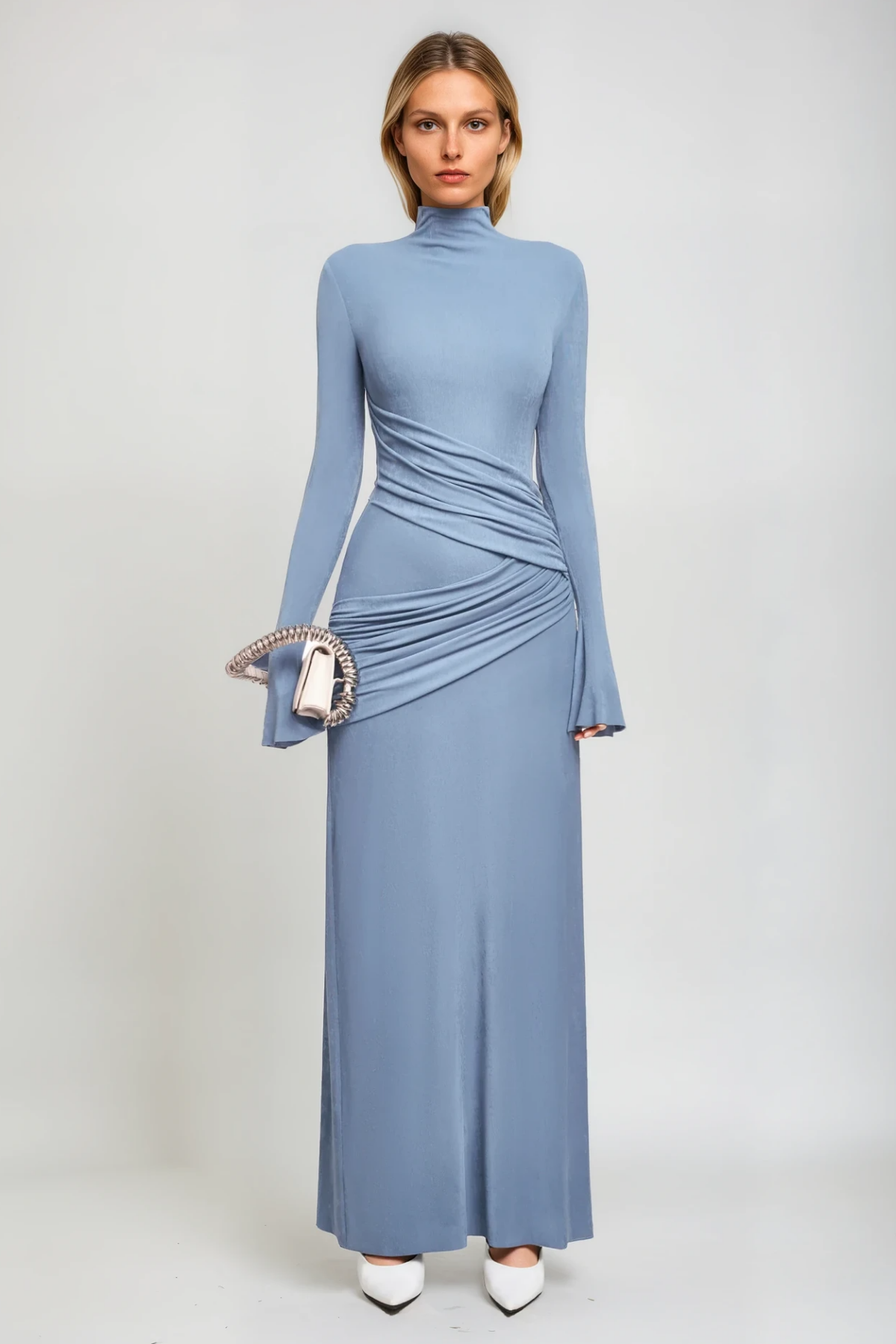 Anstice Ruch Bodycon Long Sleeve Maxi Dress In Blue