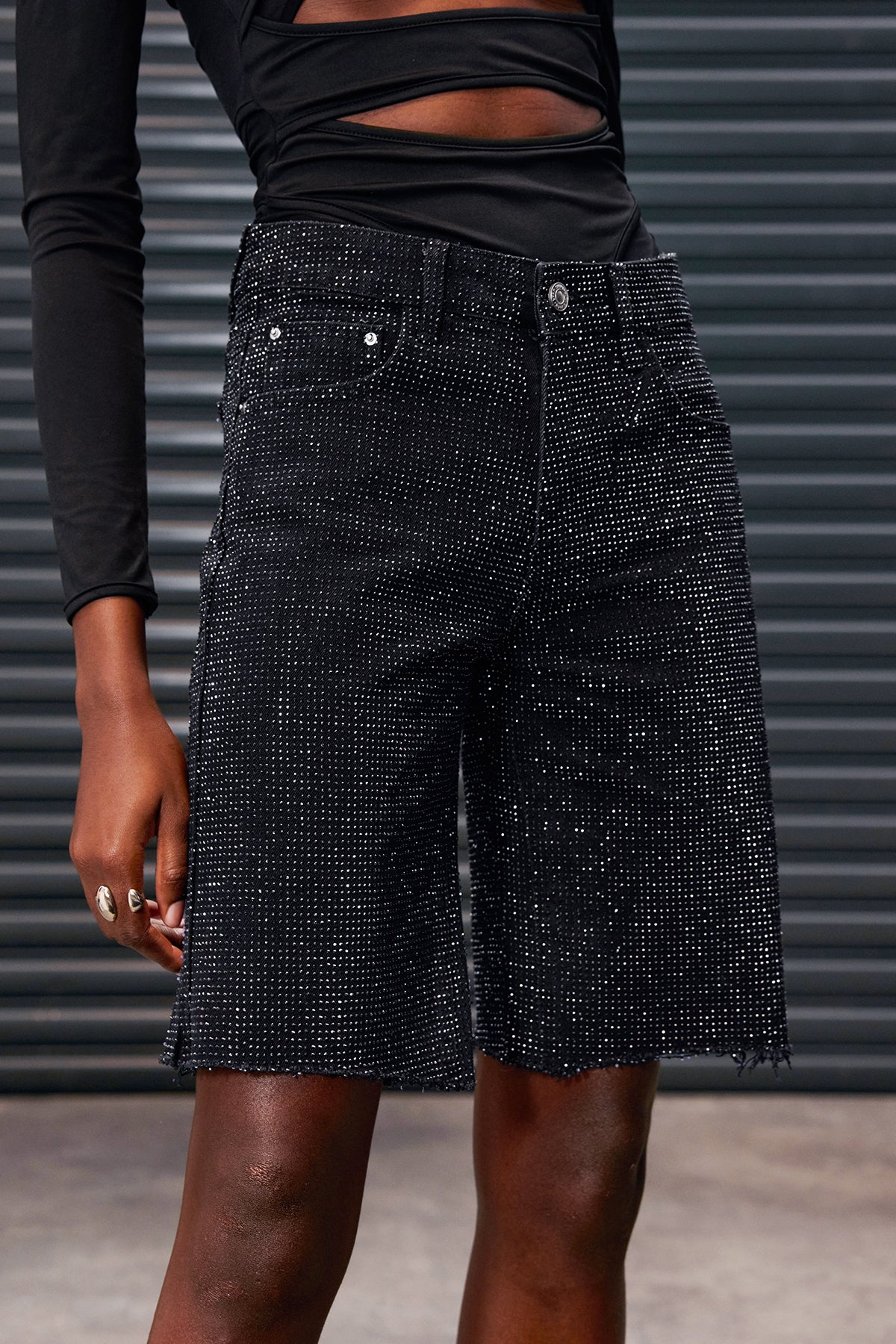 Antonio Rhinestone Fringe Short Jeans In Black