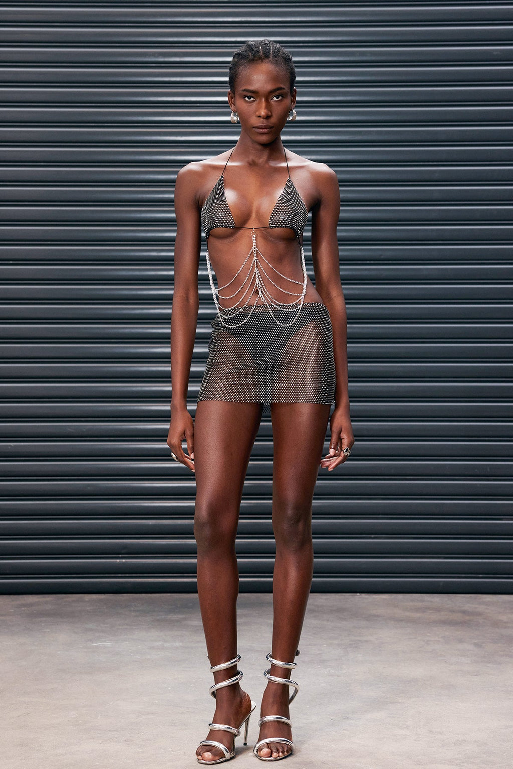 Anund Rhinestone Mesh Chain Cutout Mini Dress