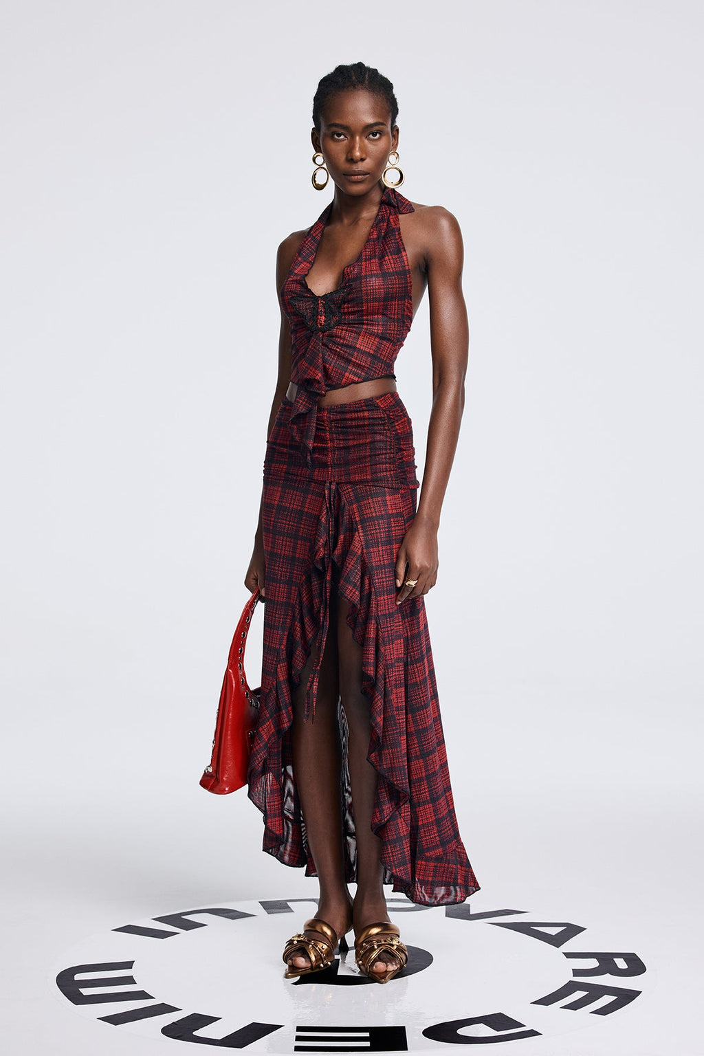 Anwer Grid Butterfly Halter Neck Backless Skirt Set