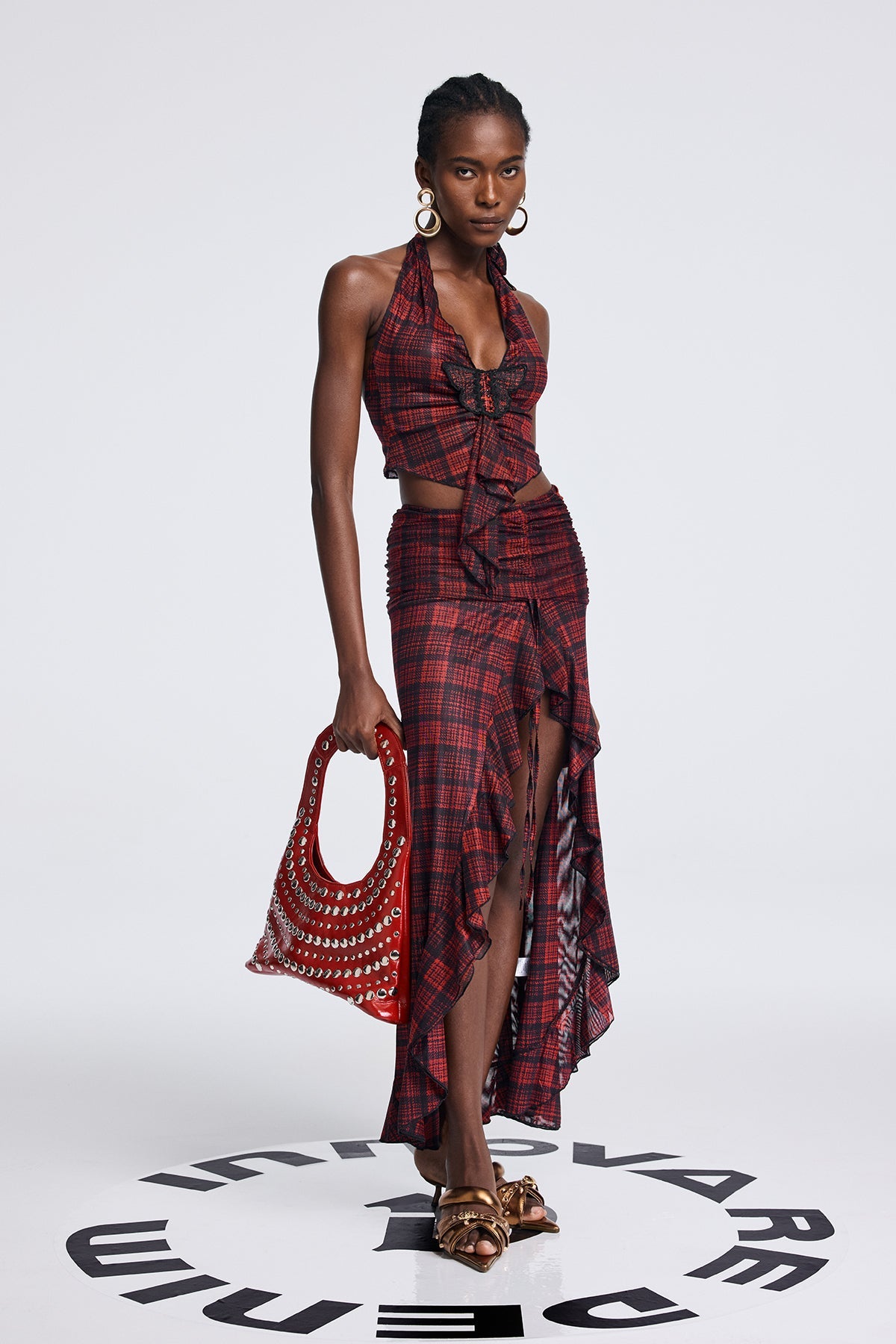 Anwer Grid Butterfly Halter Neck Backless Skirt Set