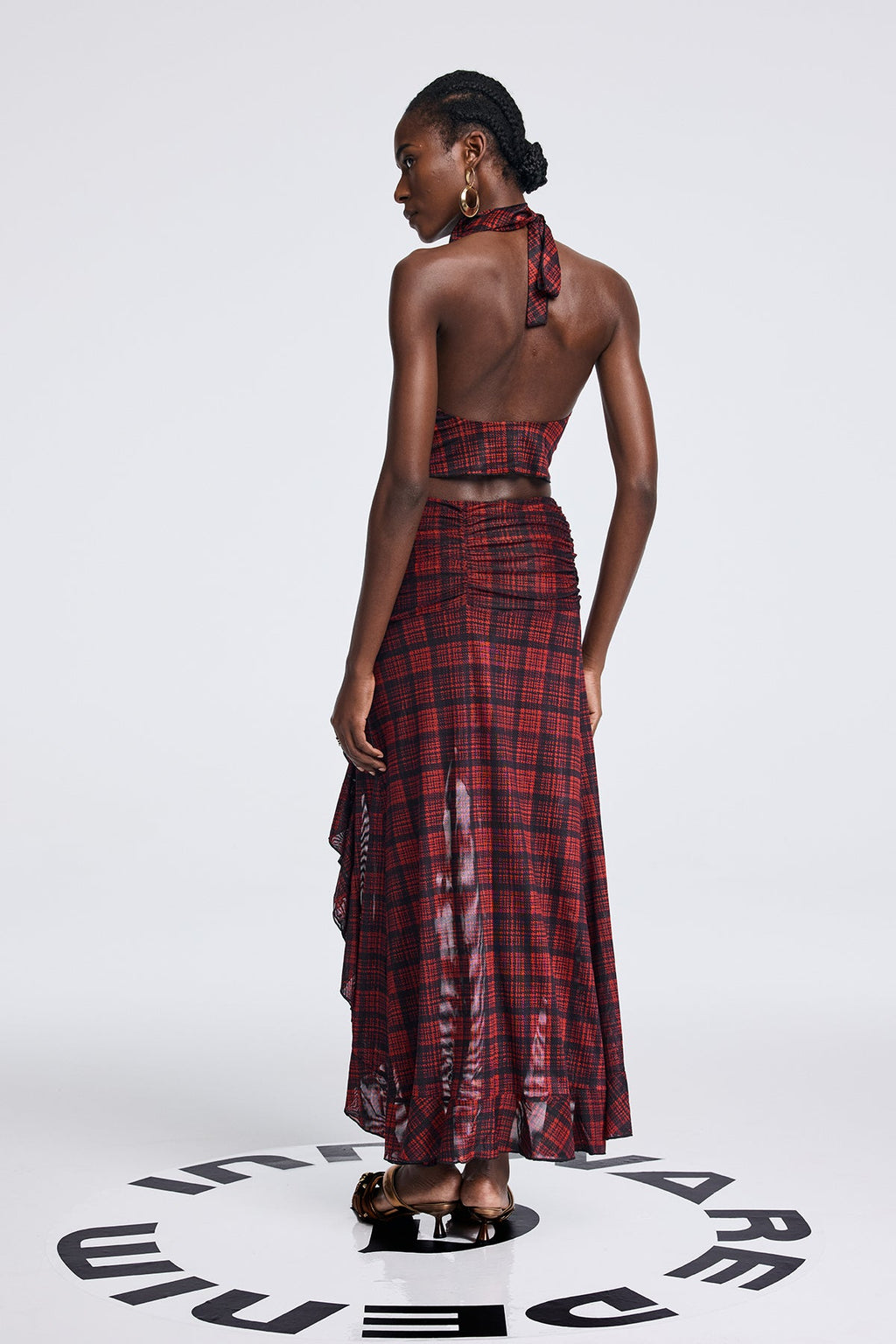 Anwer Grid Butterfly Halter Neck Backless Skirt Set