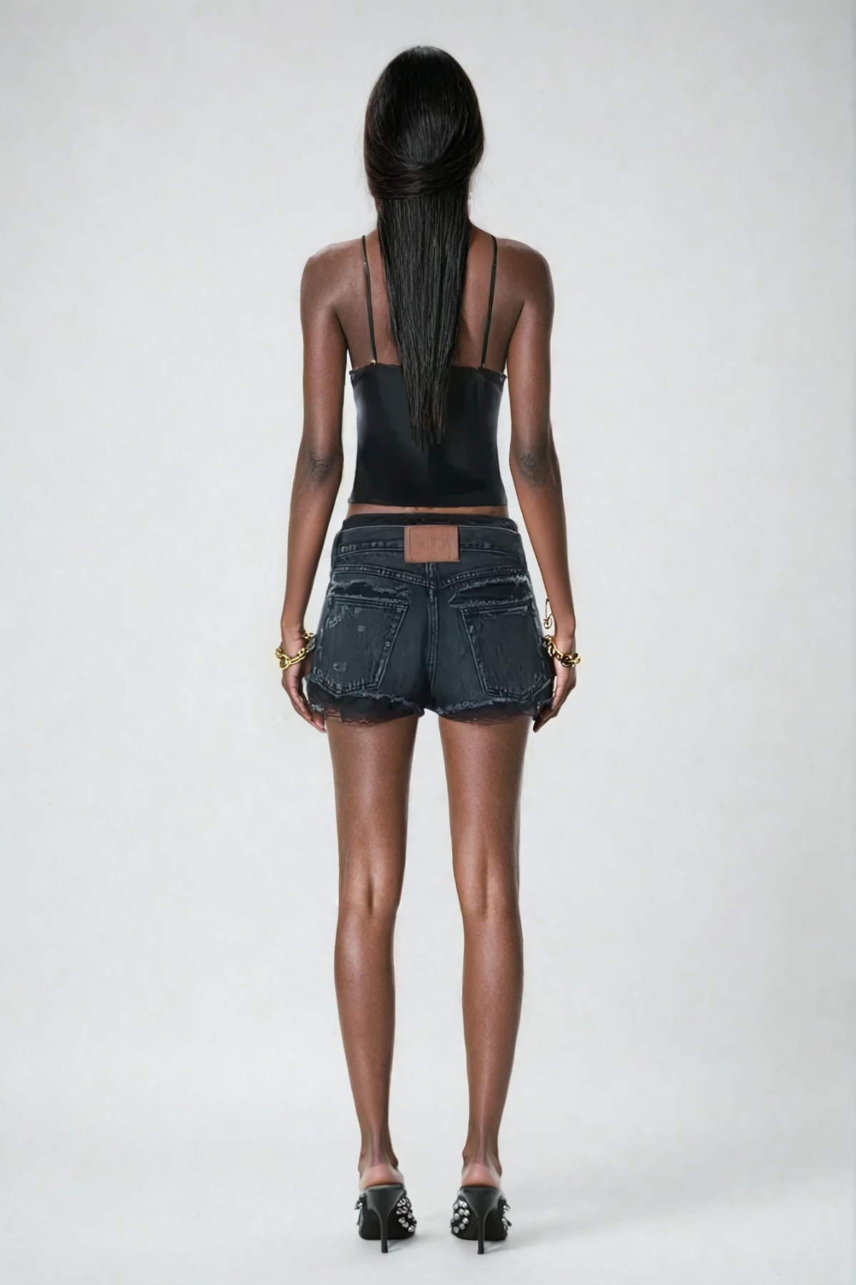 Aqila Lace Deconstruct Short Jeans In Black